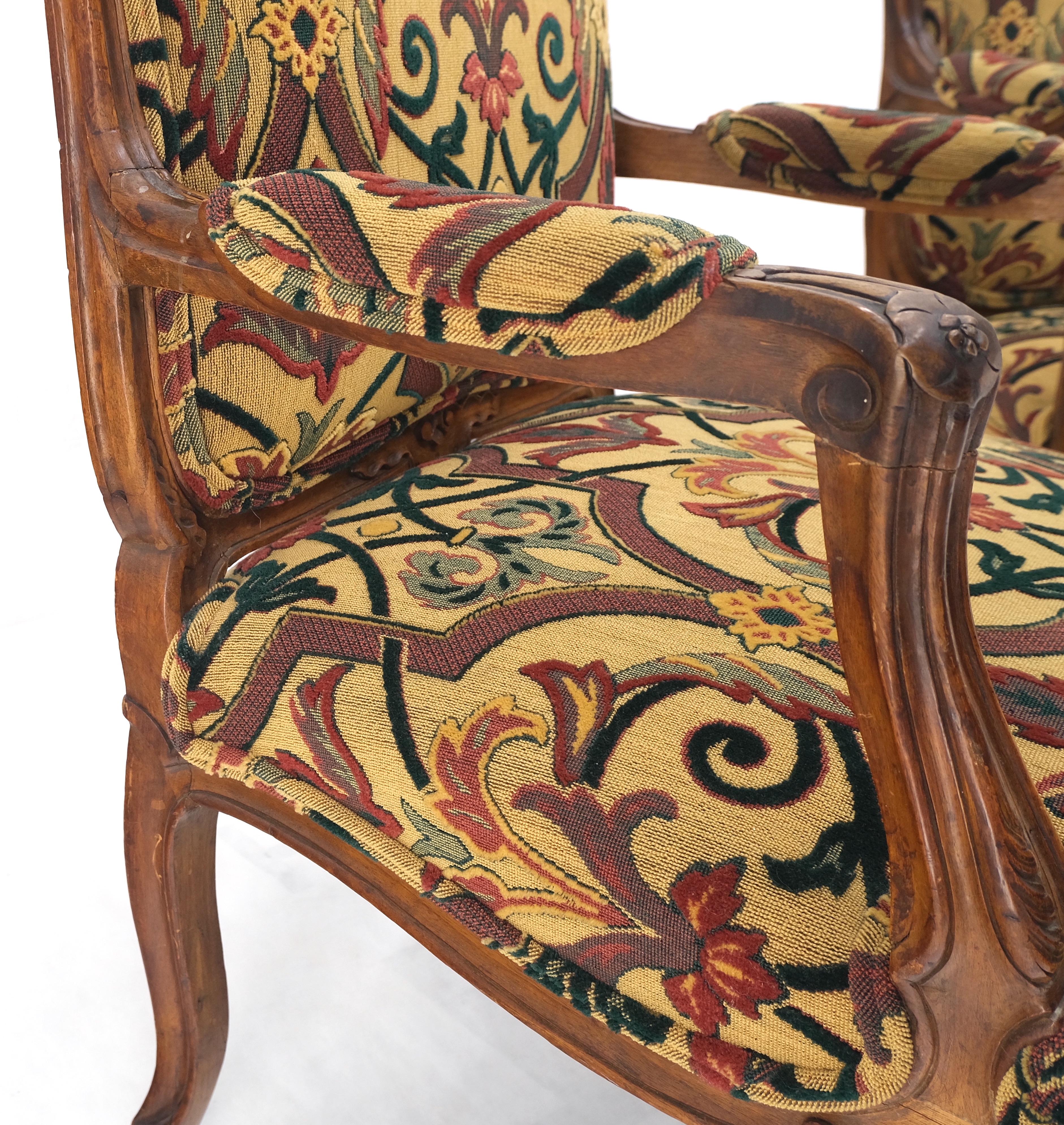 Lacquered Pair of His & Hers Finely Carved Walnut Country French Lounge Armchairs Tapestry For Sale