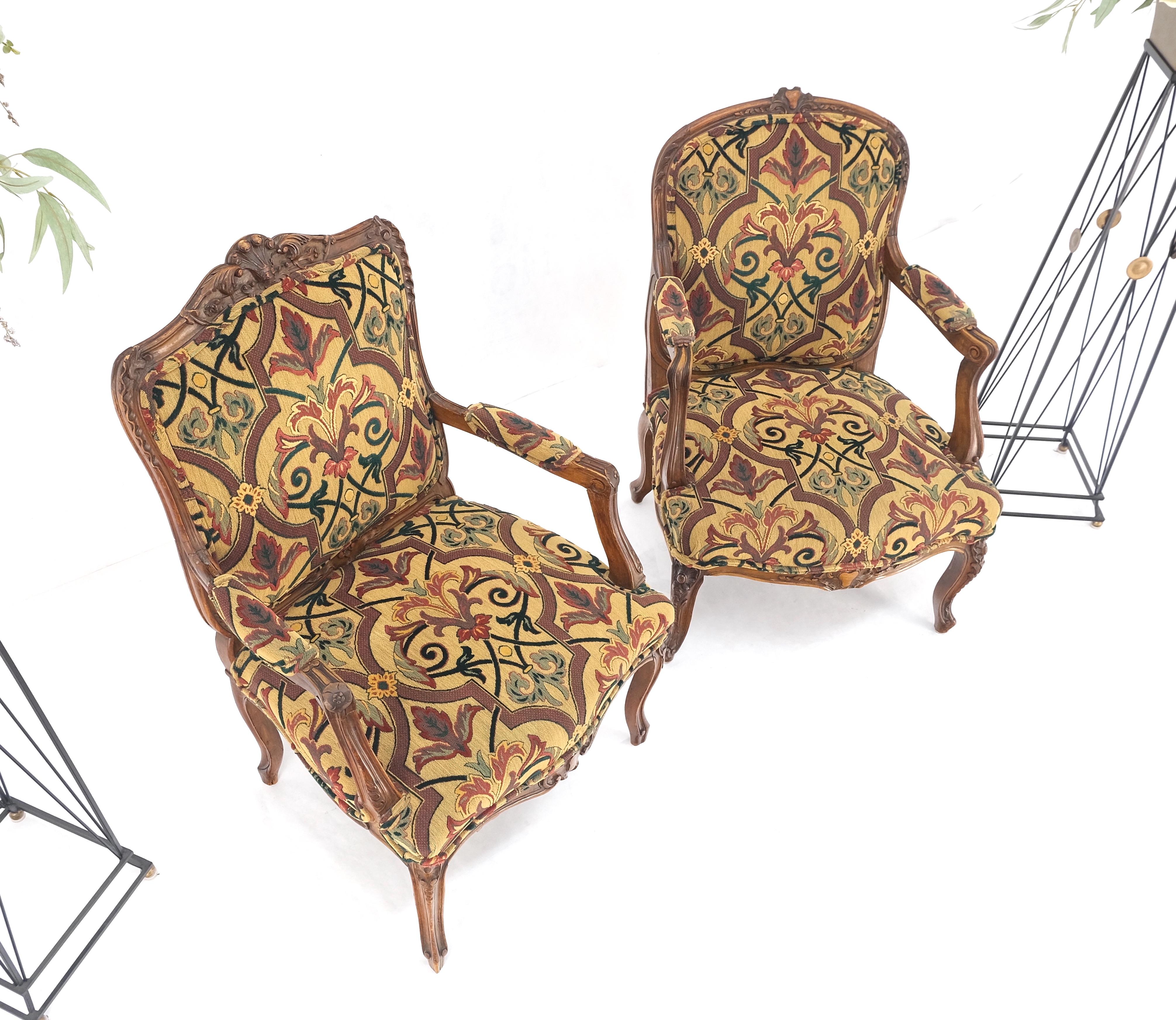 Pair of His & Hers Finely Carved Walnut Country French Lounge Armchairs Tapestry For Sale 1