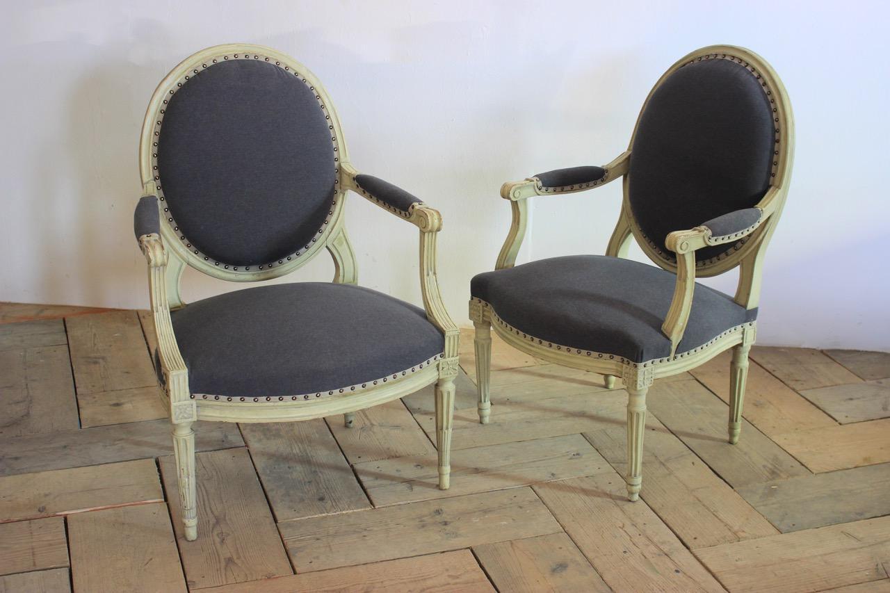 Wood Pair of His & Hers French Fauteuils For Sale