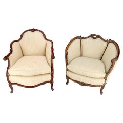 Pair of His & Hers French Very Fine Carved Mahogany Louis XV Lounge Chairs Clean