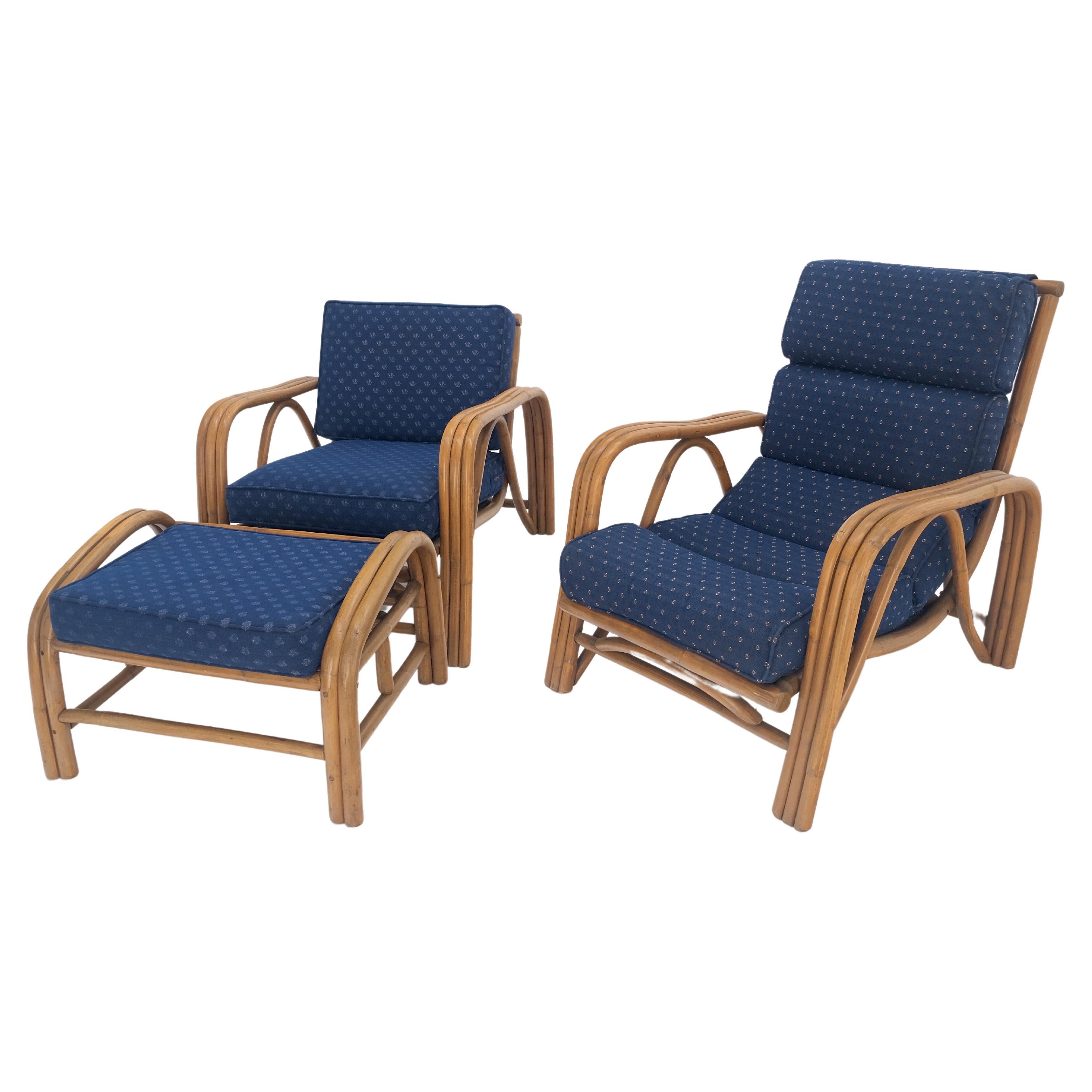 Pair of His & Hers Rattan Bamboo Mid Century Modern Lounge Chairs Ottoman MINT! For Sale