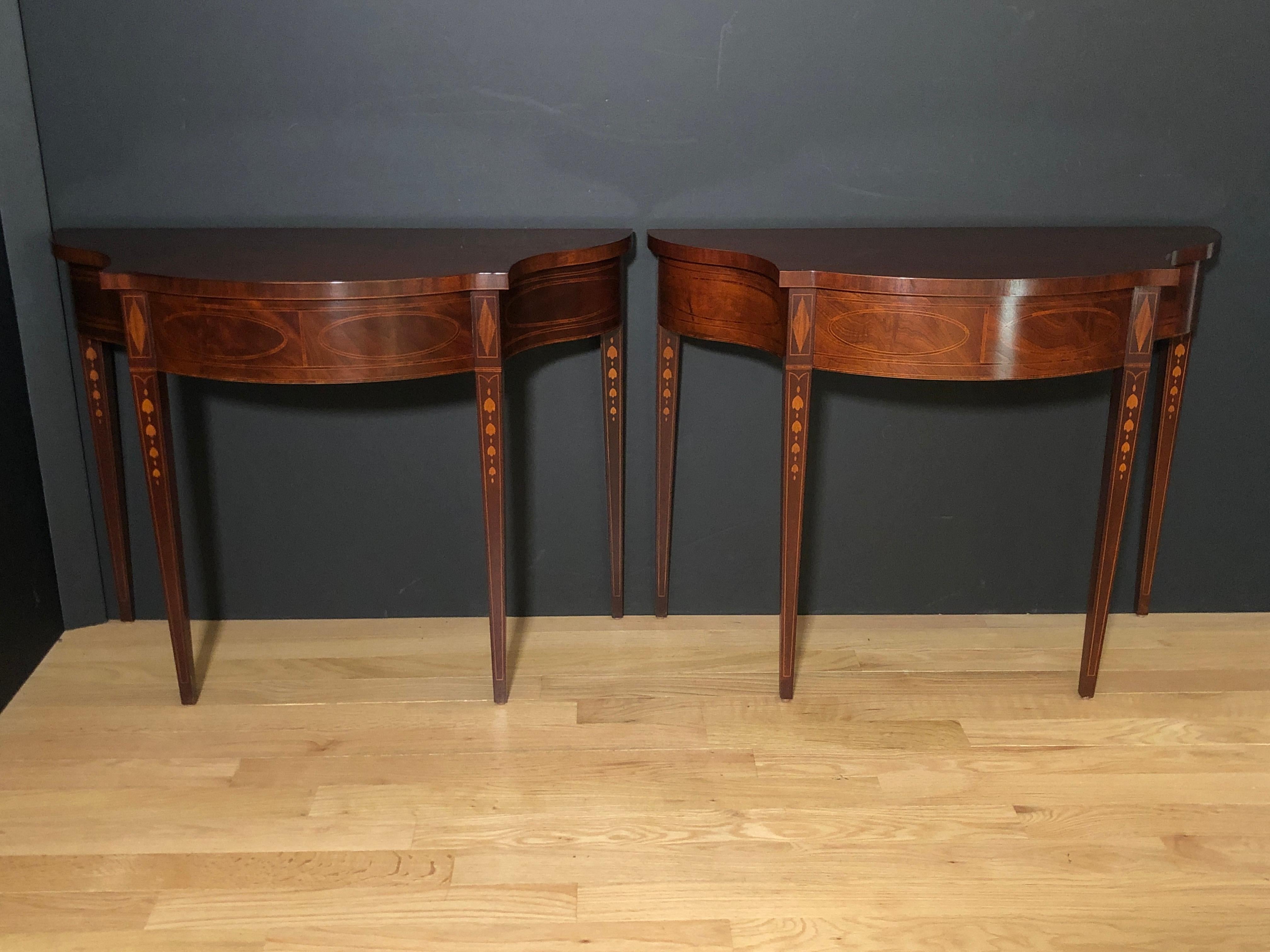 Hepplewhite Pair of Historic Charleston Demilune Console Tables by Baker