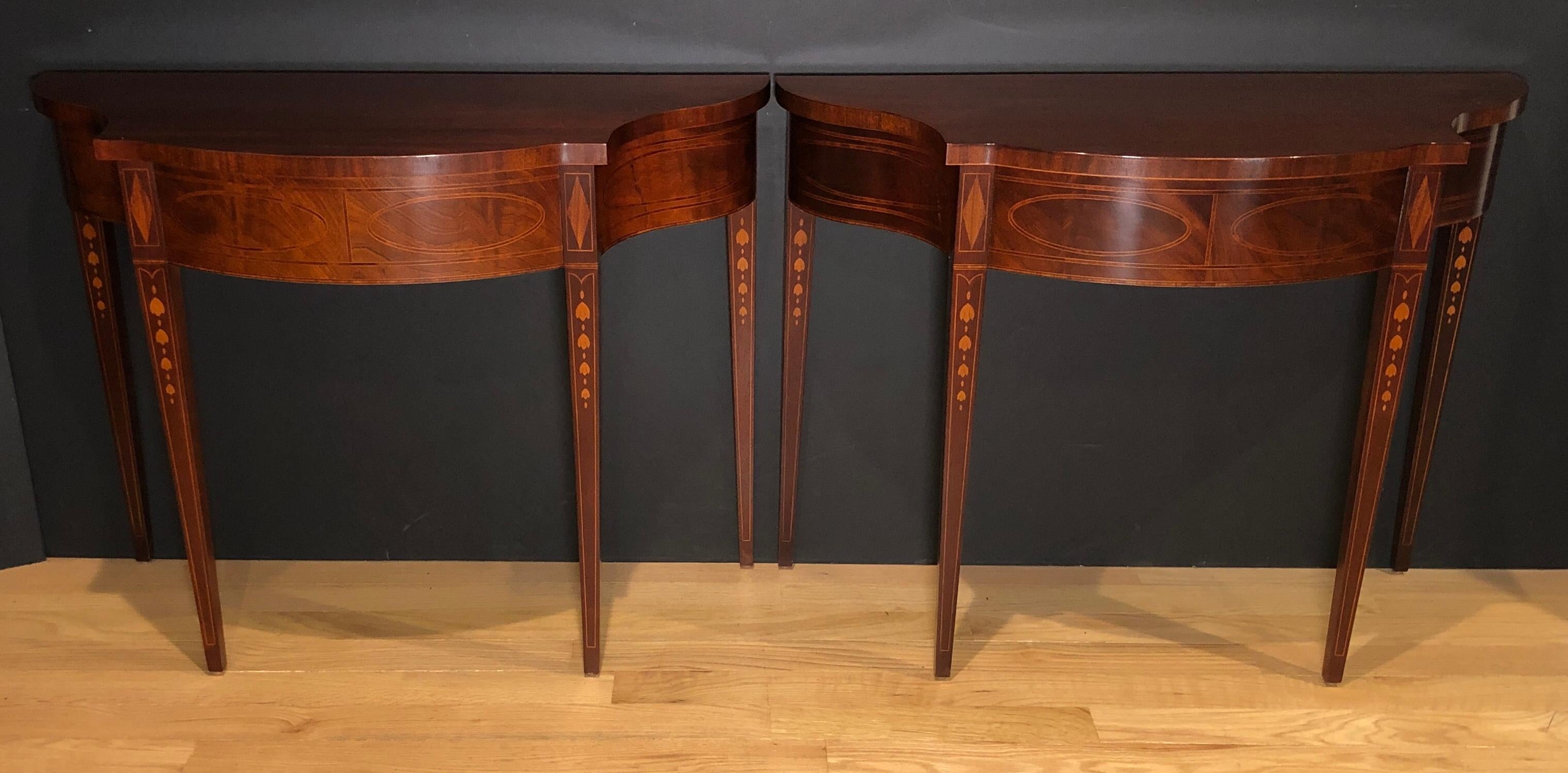 Inlay Pair of Historic Charleston Demilune Console Tables by Baker