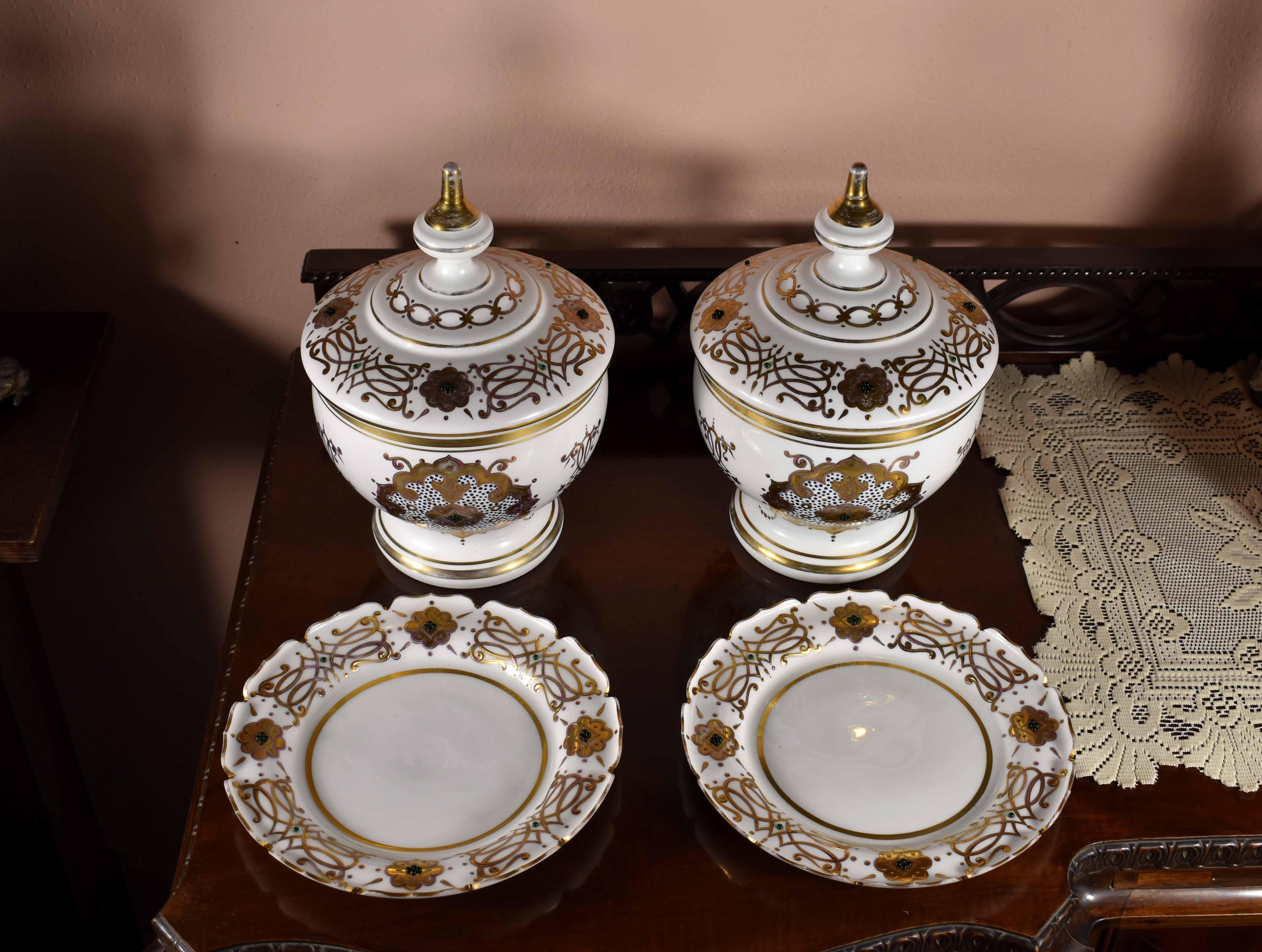 Czech Pair of Historical Bohemian Opal Glass Bomboniers Gold Paint Ottoman Market