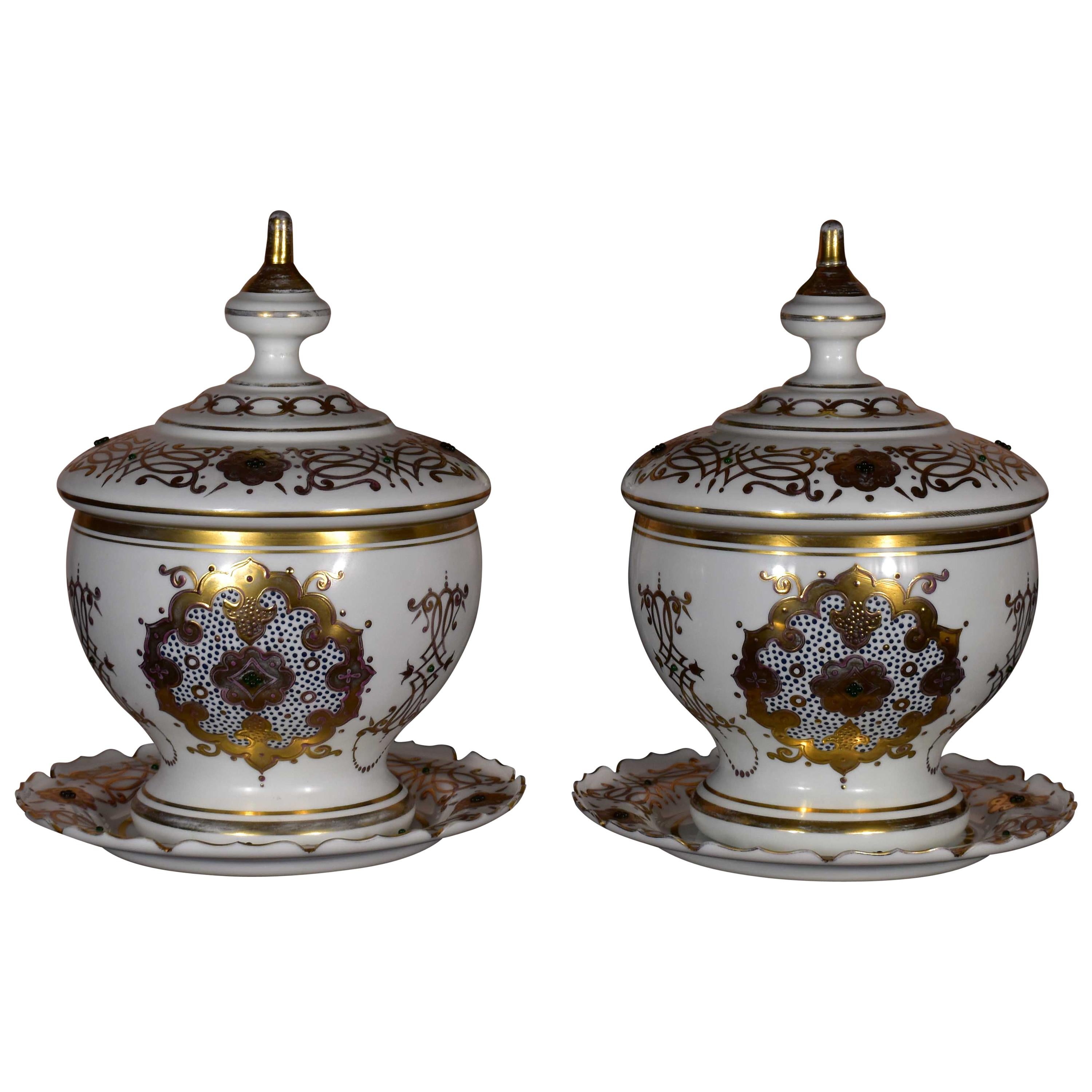 Pair of Historical Bohemian Opal Glass Bomboniers Gold Paint Ottoman Market