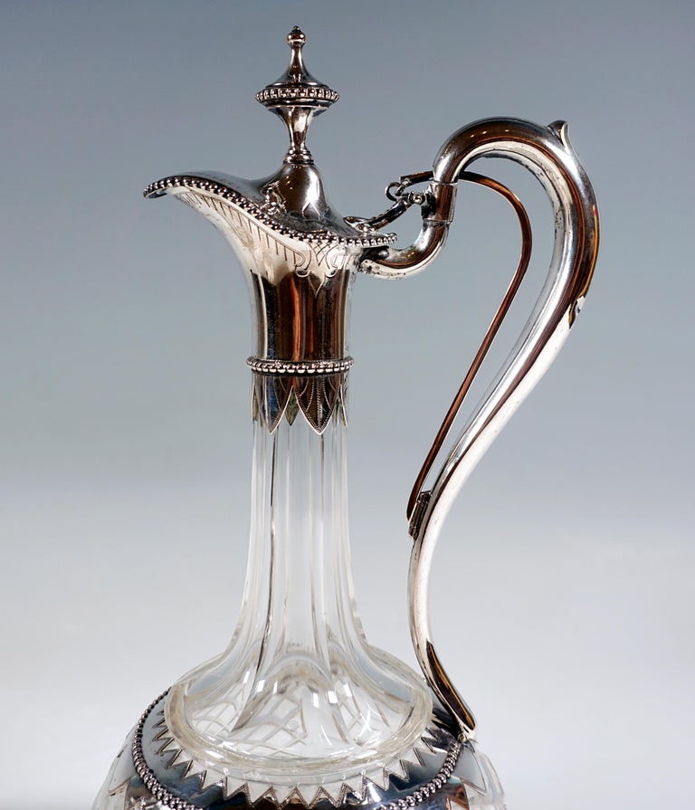 Late 19th Century Pair of Historicism Glass Carafes with Silver Mounts and Pull Mechanism, Germany For Sale