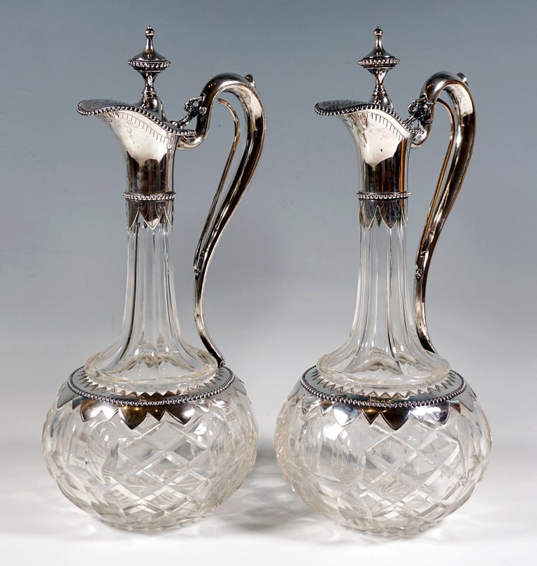 Pair of Historicism Glass Carafes with Silver Mounts and Pull Mechanism, Germany For Sale 2