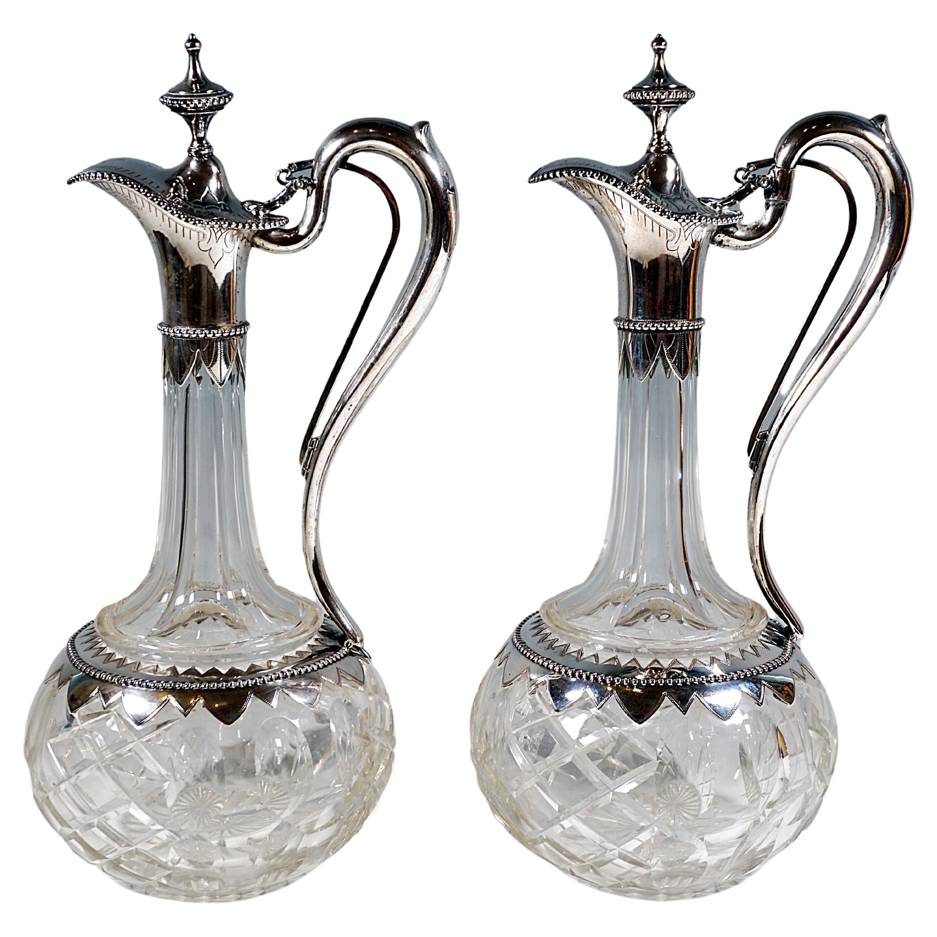 Pair of Historicism Glass Carafes with Silver Mounts and Pull Mechanism, Germany
