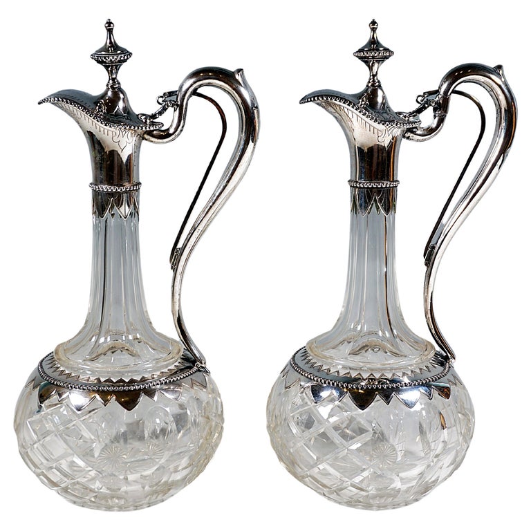 Pair of Historicism Glass Carafes with Silver Mounts and Pull Mechanism, Germany For Sale