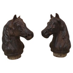 Antique Pair of Hitching Post Cast Horse Heads
