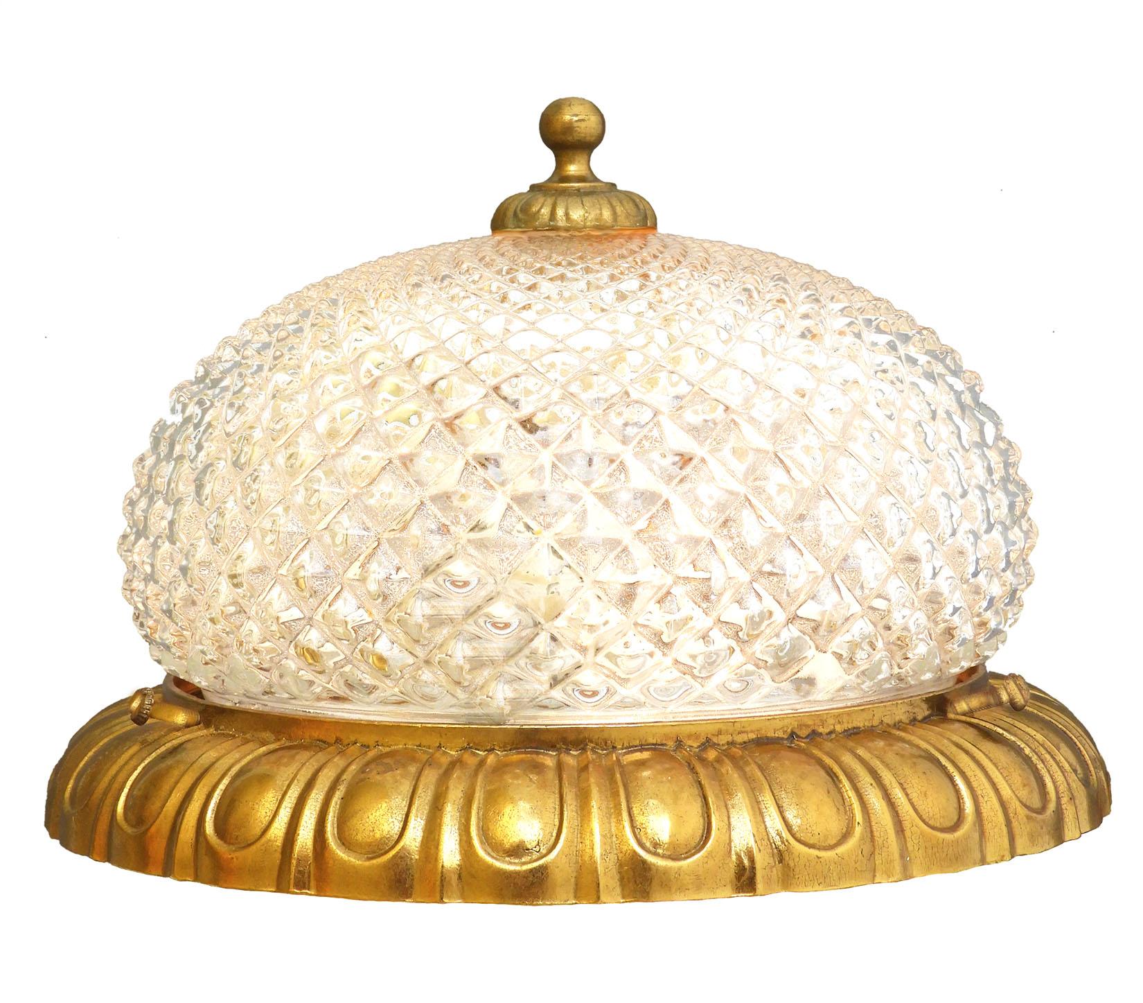 Pair of Hobnail Glass Flush Mount Ceiling or Wall Lights c1960 France

Mid-century bronze and glass flush mount ceiling lights or wall light sconces.

Jewel faceted onion-domed glass shades on scalloped bronze mounts.

In excellent vintage