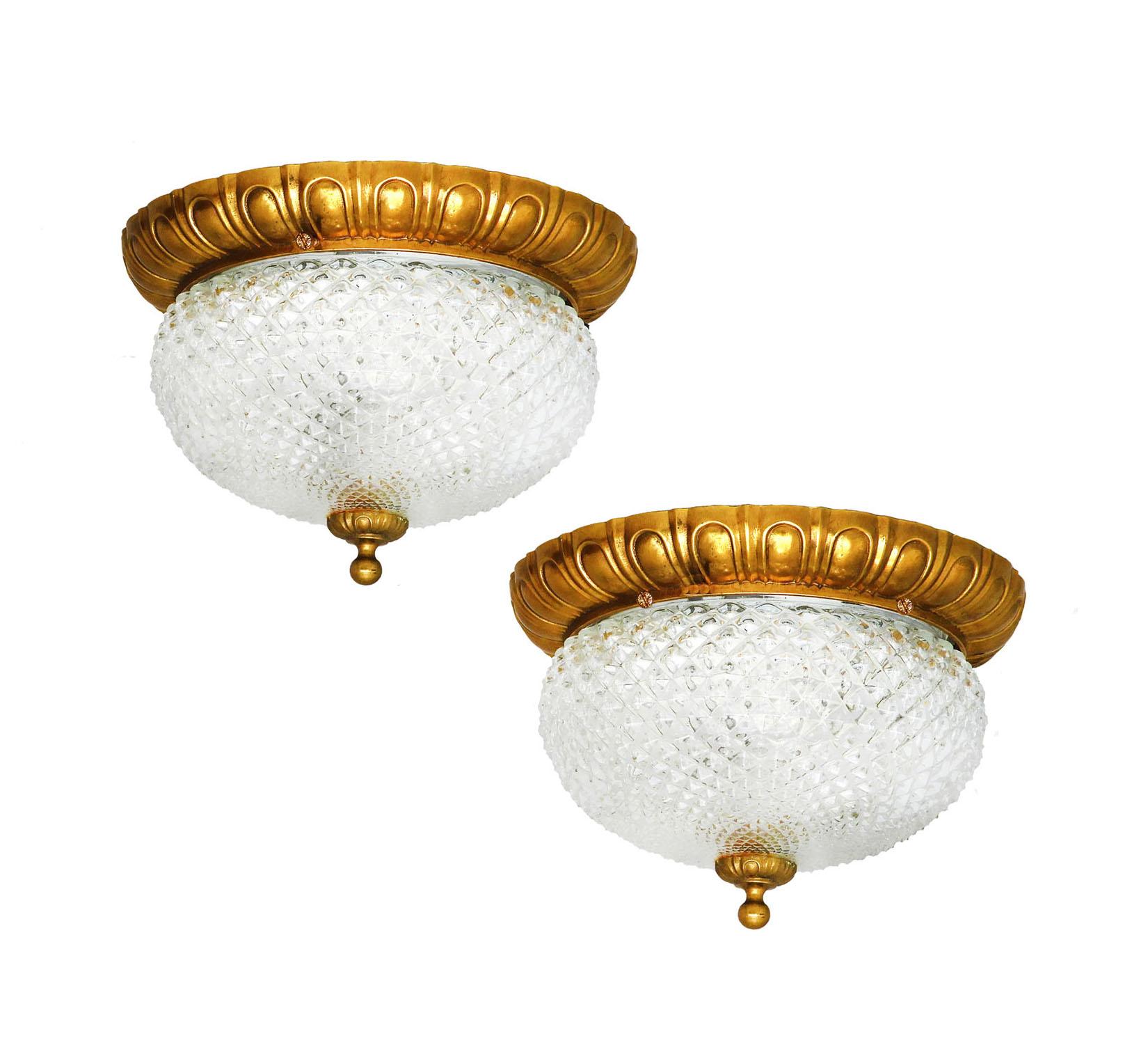 Hollywood Regency Pair of Hobnail Glass Flush Mount Ceiling Lights C1960 France