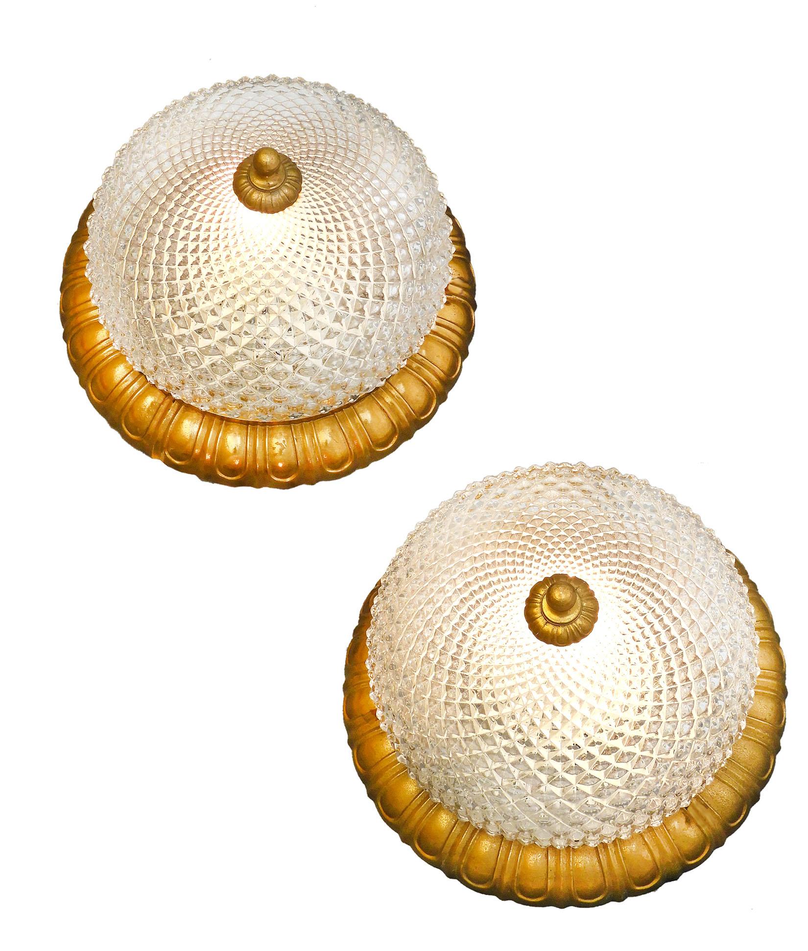 French Pair of Hobnail Glass Flush Mount Ceiling Lights C1960 France