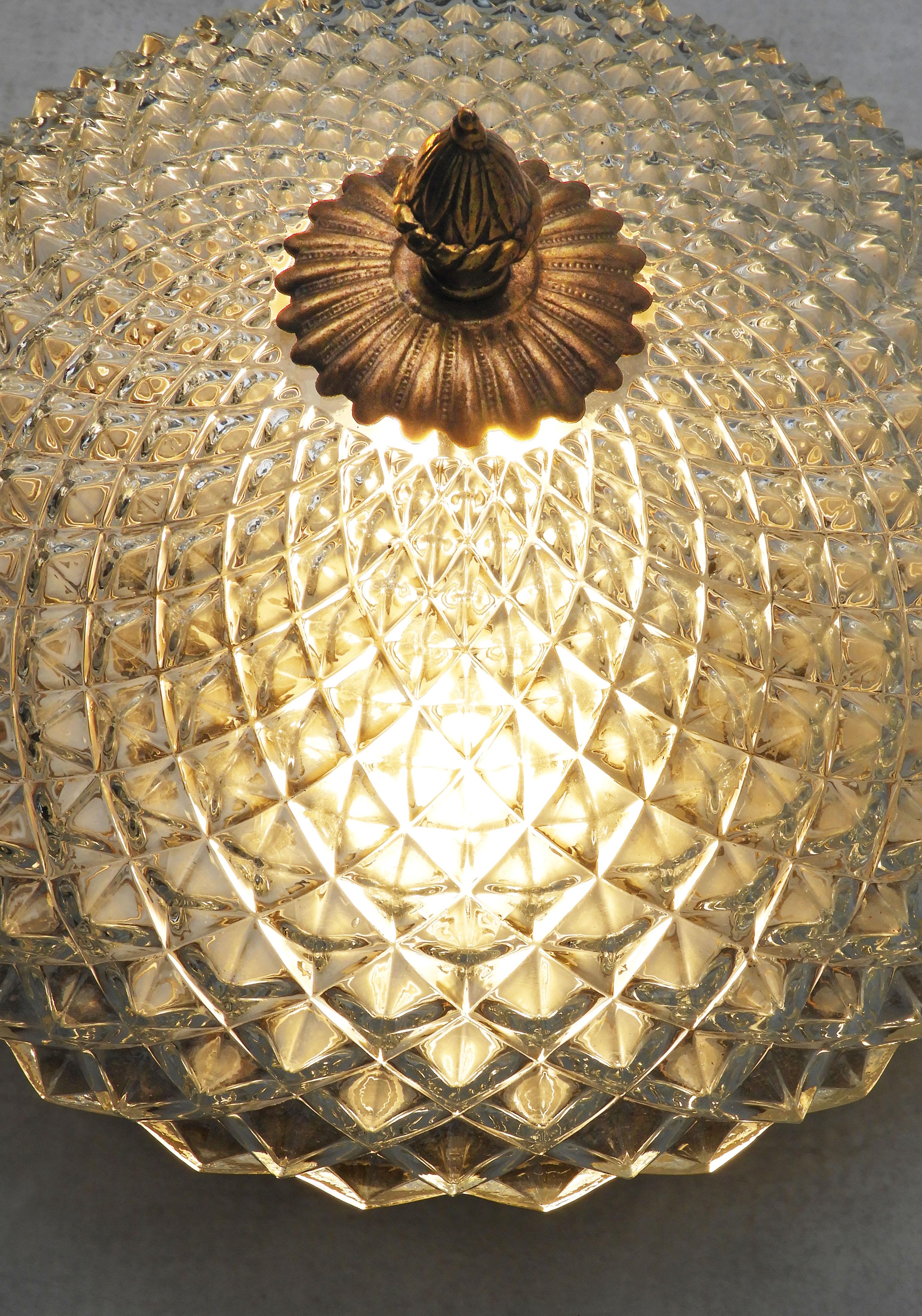 Laiton Paire de Lights à encastrer en verre Hobnail C1960 France en vente