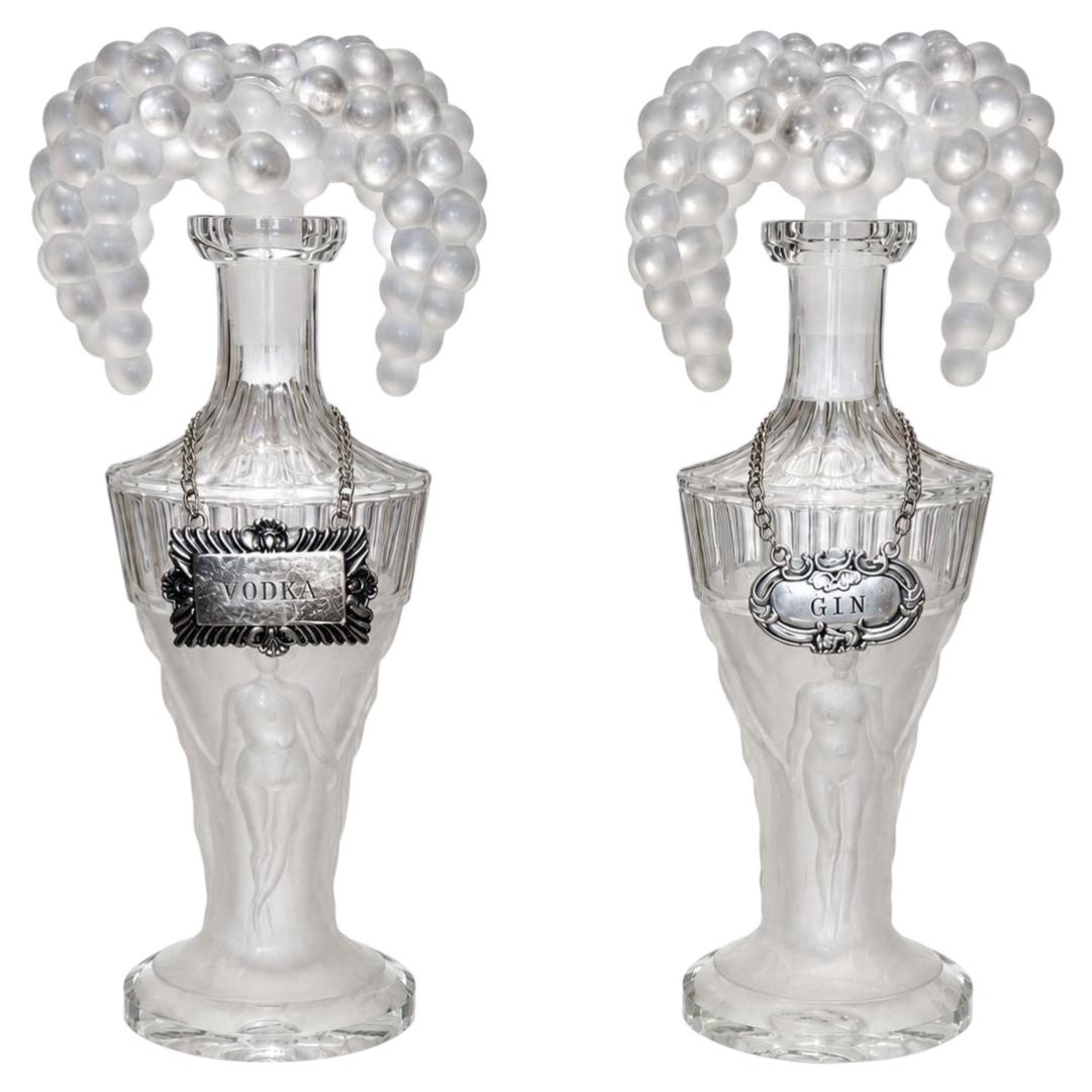 Pair of Hoffmann Art Deco Crystal Nude Figural and Grape Decanters, 1920's. For Sale