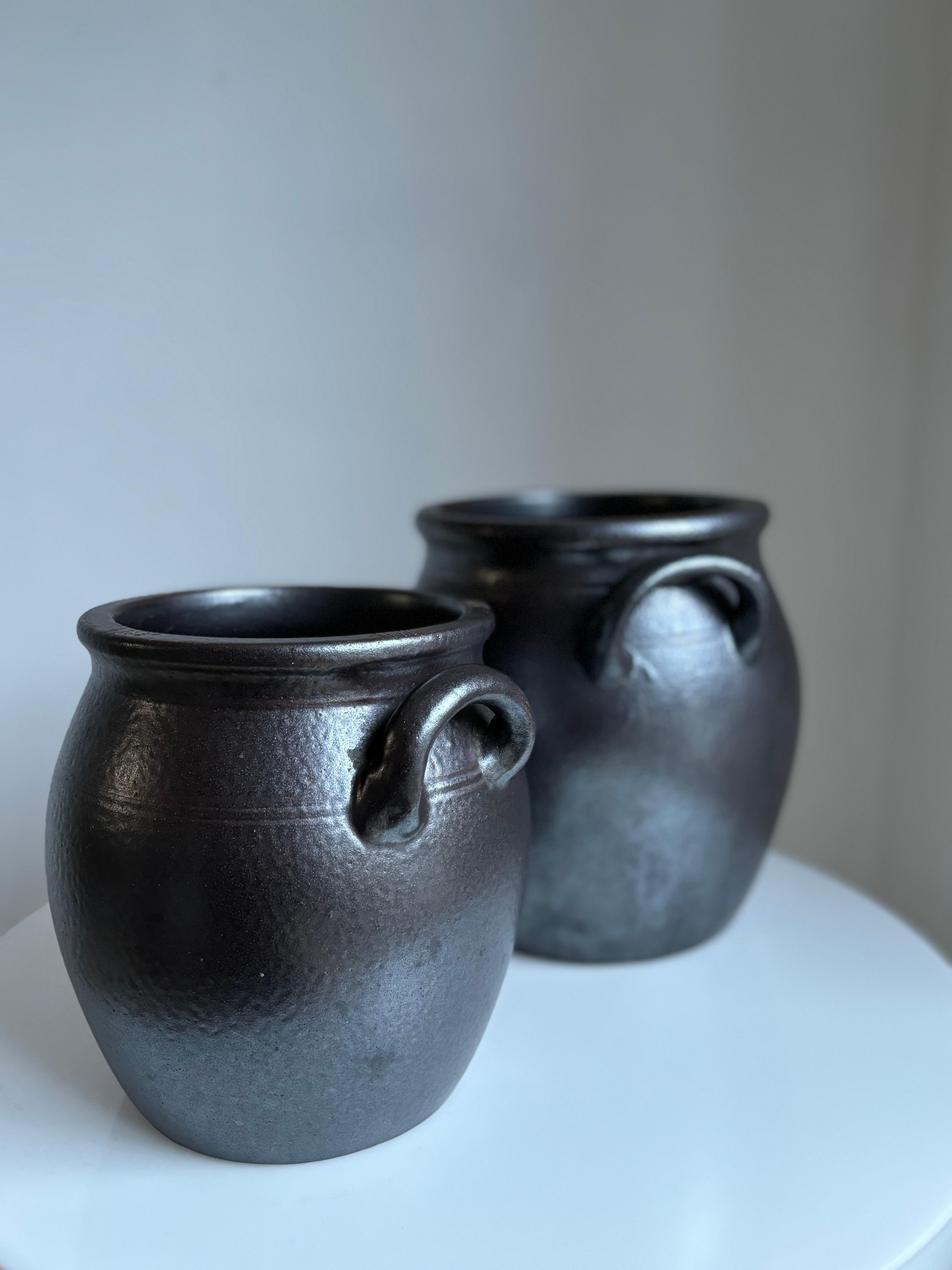Swedish Pair of Höganäs Salt Glazed Stoneware Planter Pots, 1950s For Sale