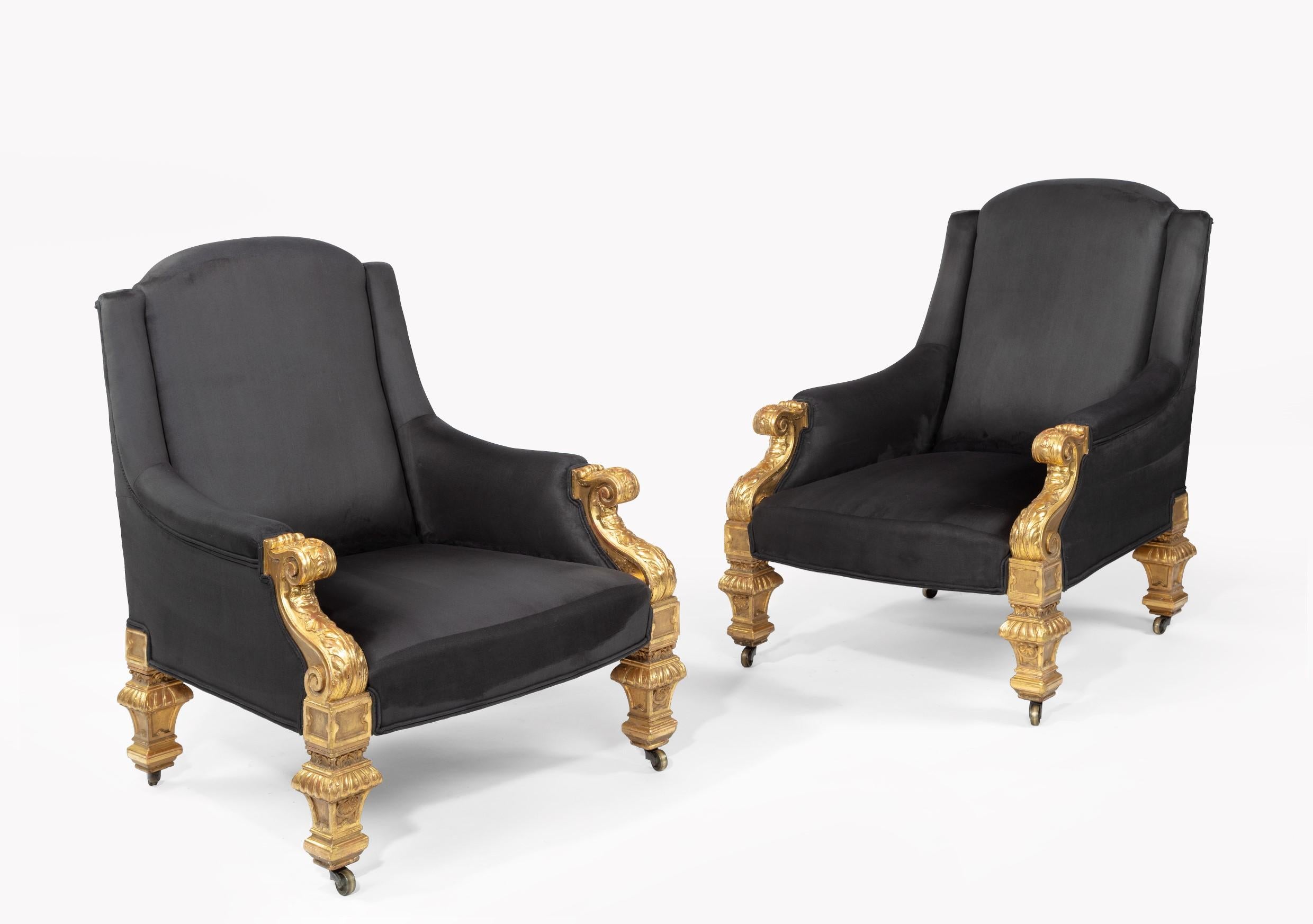 Victorian Pair of Holland & Sons 19th Century Giltwood Armchairs