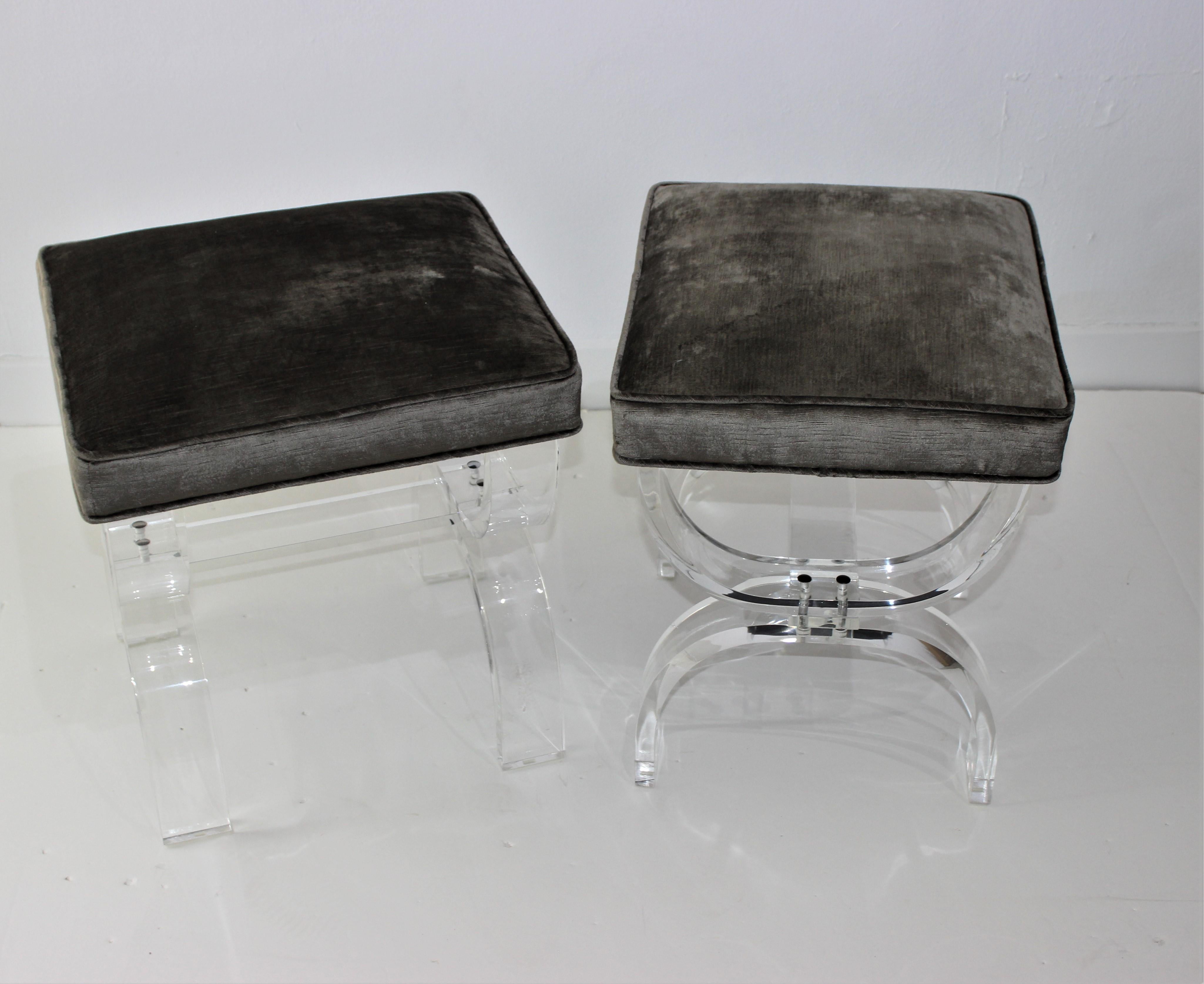 Pair of Hollis Jones Style Benches Lucite and Crushed Velvet 6