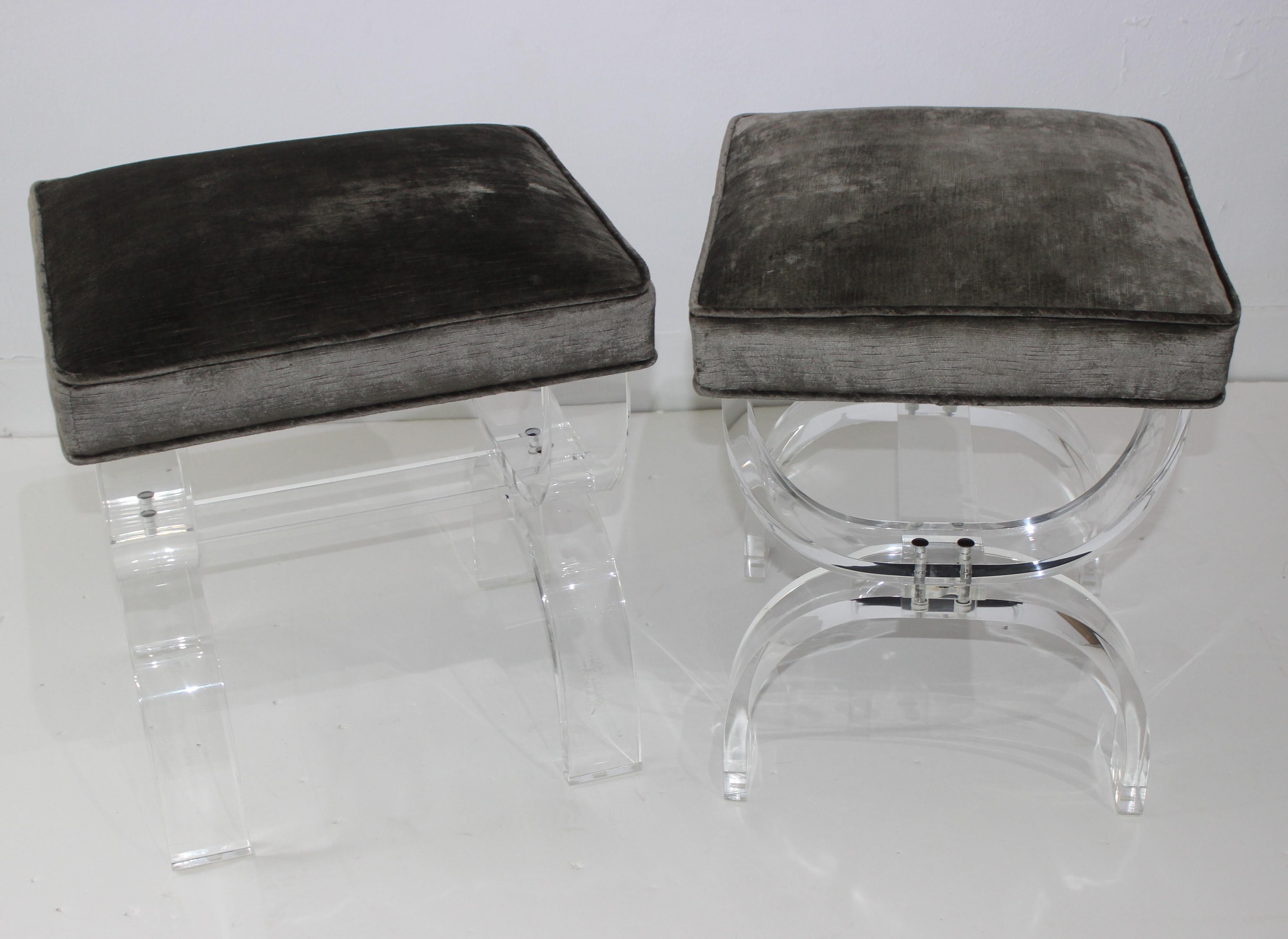 Pair of Hollis Jones Style Benches Lucite and Crushed Velvet 7