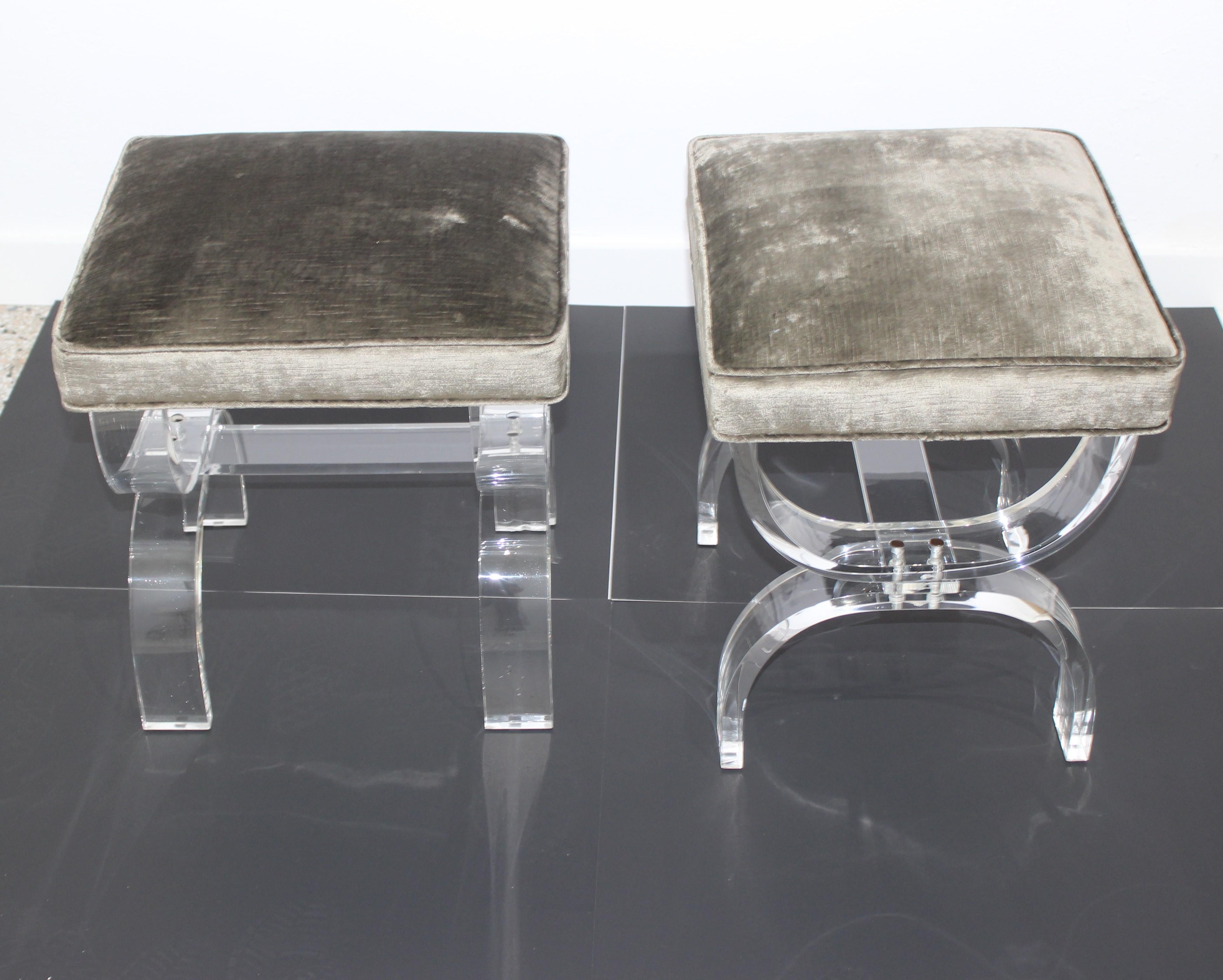 Modern Pair of Hollis Jones Style Benches Lucite and Crushed Velvet