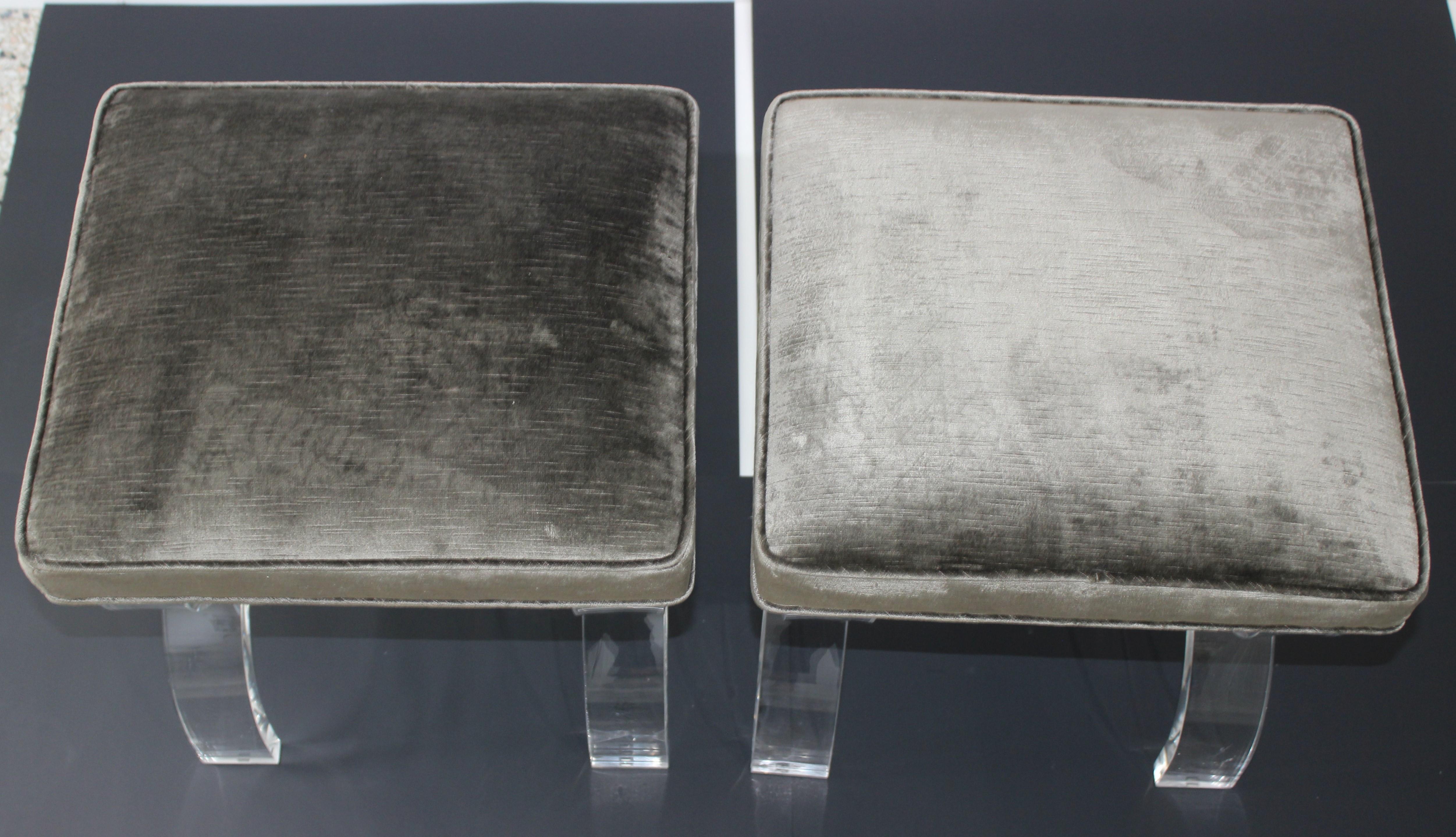 Pair of Hollis Jones Style Benches Lucite and Crushed Velvet 1