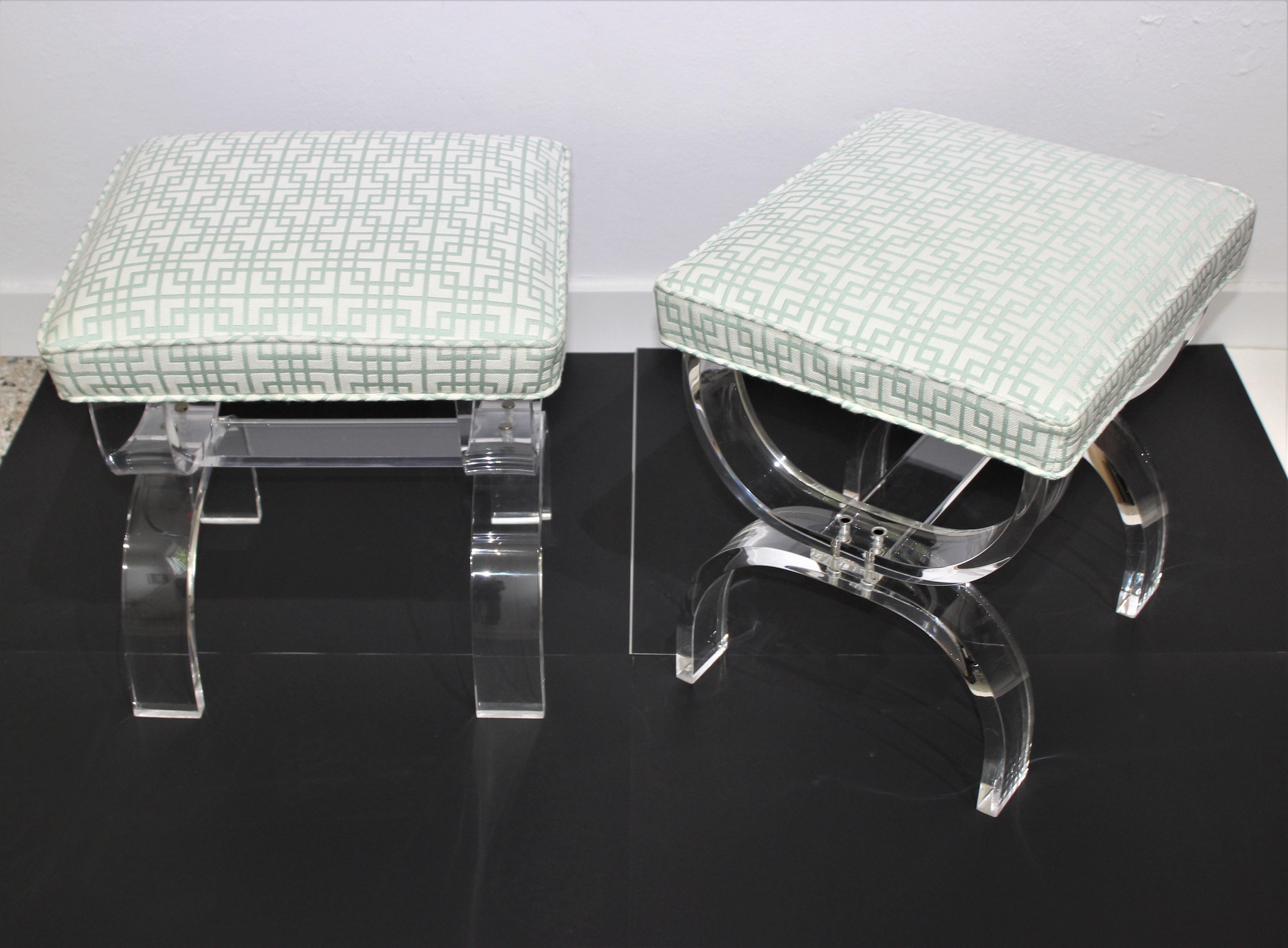 Hollis Jones style Lucite U-benches stools 1940s, newly upholstered, a pair from a Palm Beach estate.