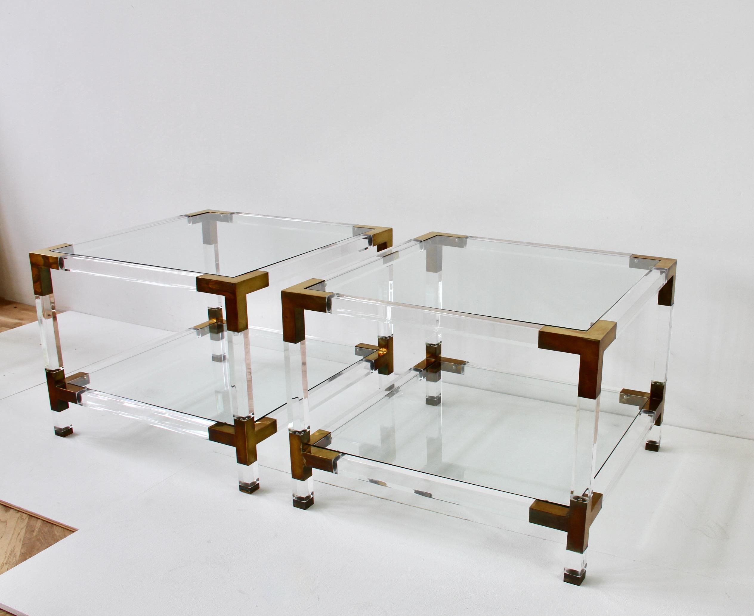 Plated Pair of Hollis Jones Style Vintage Acrylic/Lucite Brass Side Tables, circa 1970s For Sale