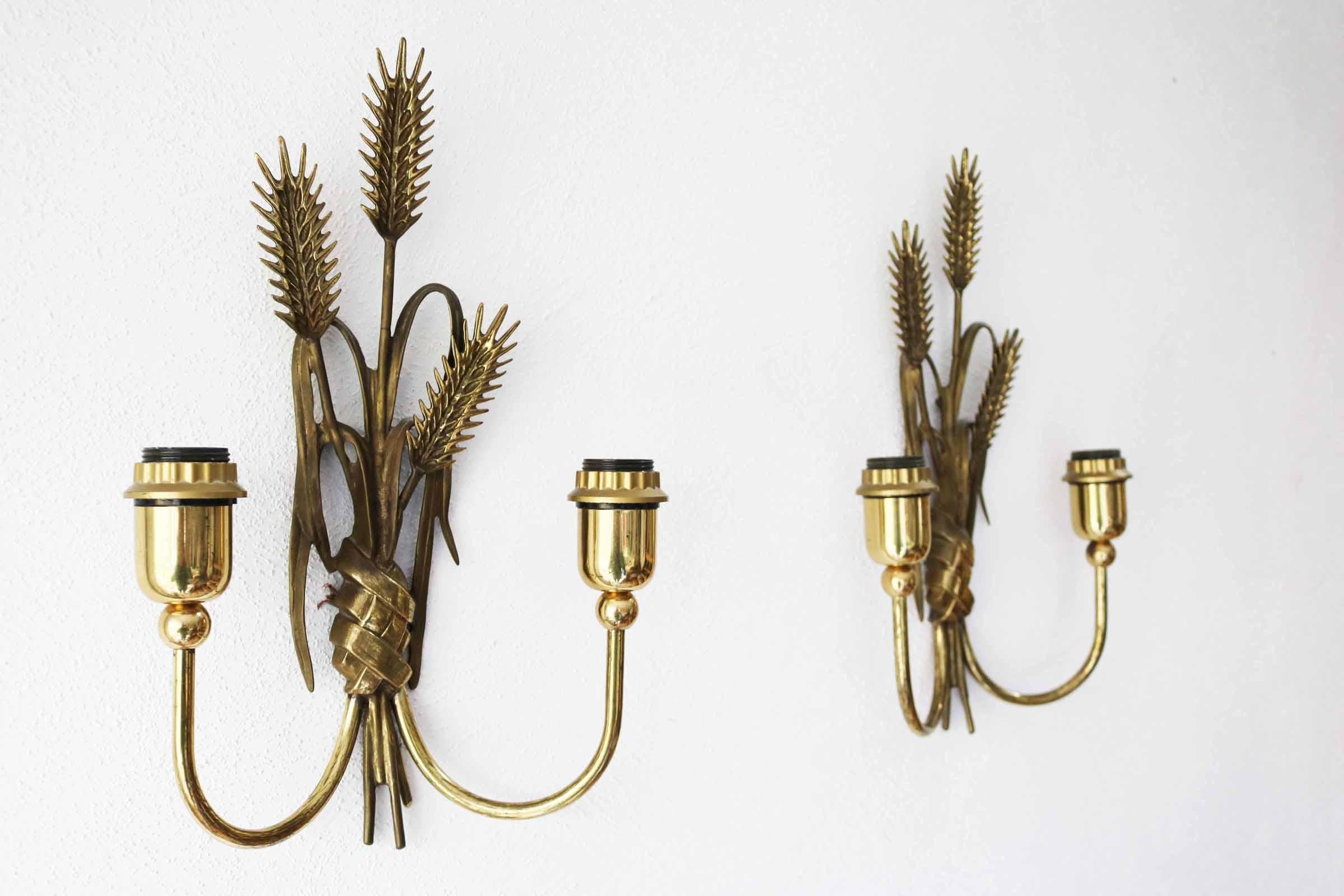 Brass Pair of Hollwood Regency Sconces, 1970s For Sale