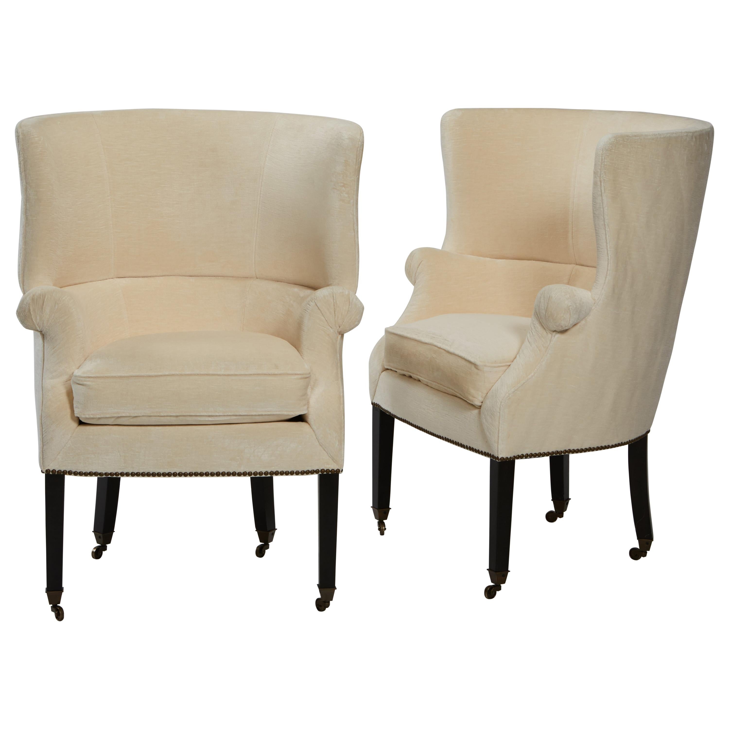 Pair of Victoria Hagan "Emma" Small Wingback Chairs in Hunt Off-White Velvet For Sale