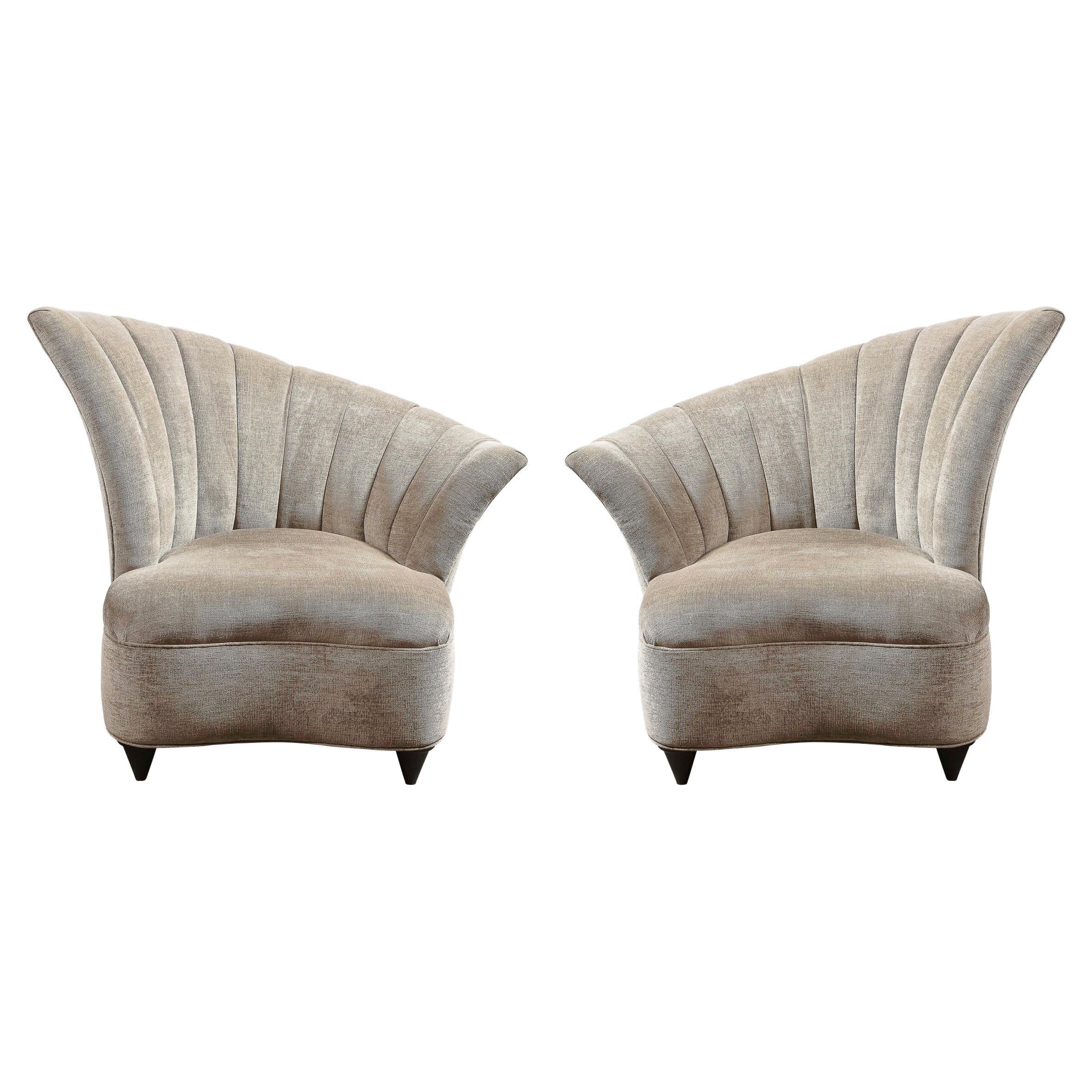 Pair of Hollywood Asymmetrical Tufted Hollywood Chairs in Smoked Topaz Velvet For Sale