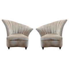 Vintage Pair of Hollywood Asymmetrical Tufted Hollywood Chairs in Smoked Topaz Velvet