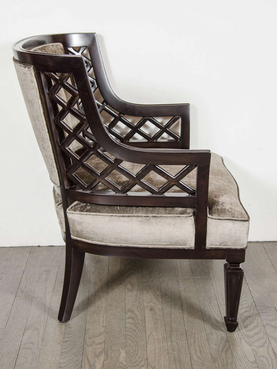 Pair of Hollywood Ebonized Walnut Lattice Occasional Chairs by Grosfeld House In Excellent Condition For Sale In New York, NY