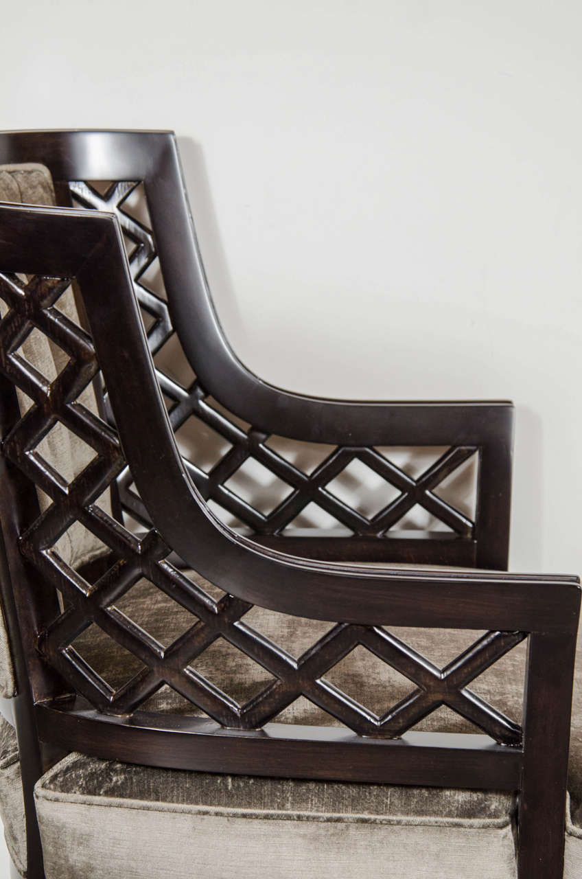 Mid-20th Century Pair of Hollywood Ebonized Walnut Lattice Occasional Chairs by Grosfeld House For Sale