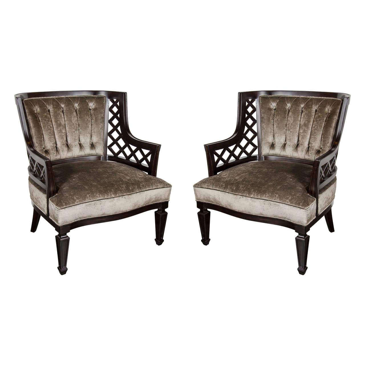 Pair of Hollywood Ebonized Walnut Lattice Occasional Chairs by Grosfeld House For Sale