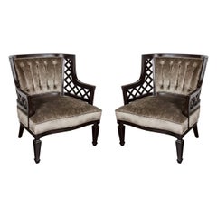 Pair of Hollywood Ebonized Walnut Lattice Occasional Chairs by Grosfeld House