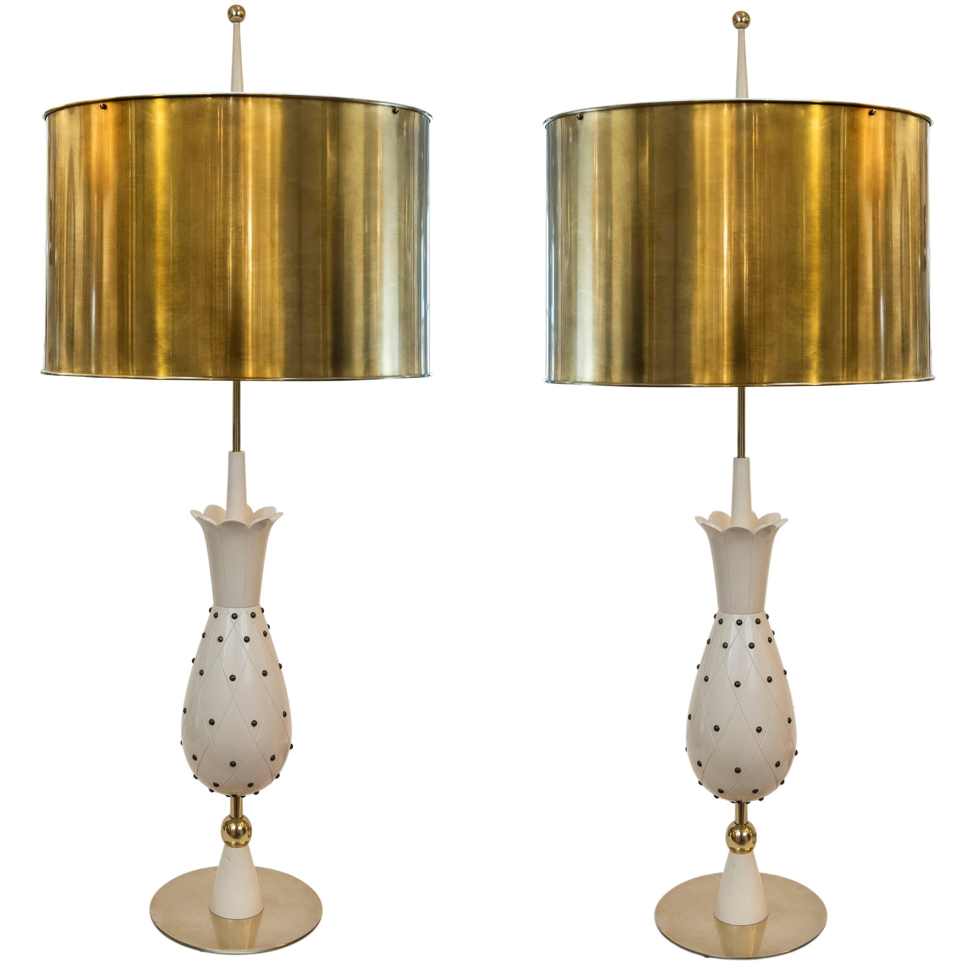 Pair of Hollywood Glam Pinapple Shapped Lamps with Brass Shades, Switzerland