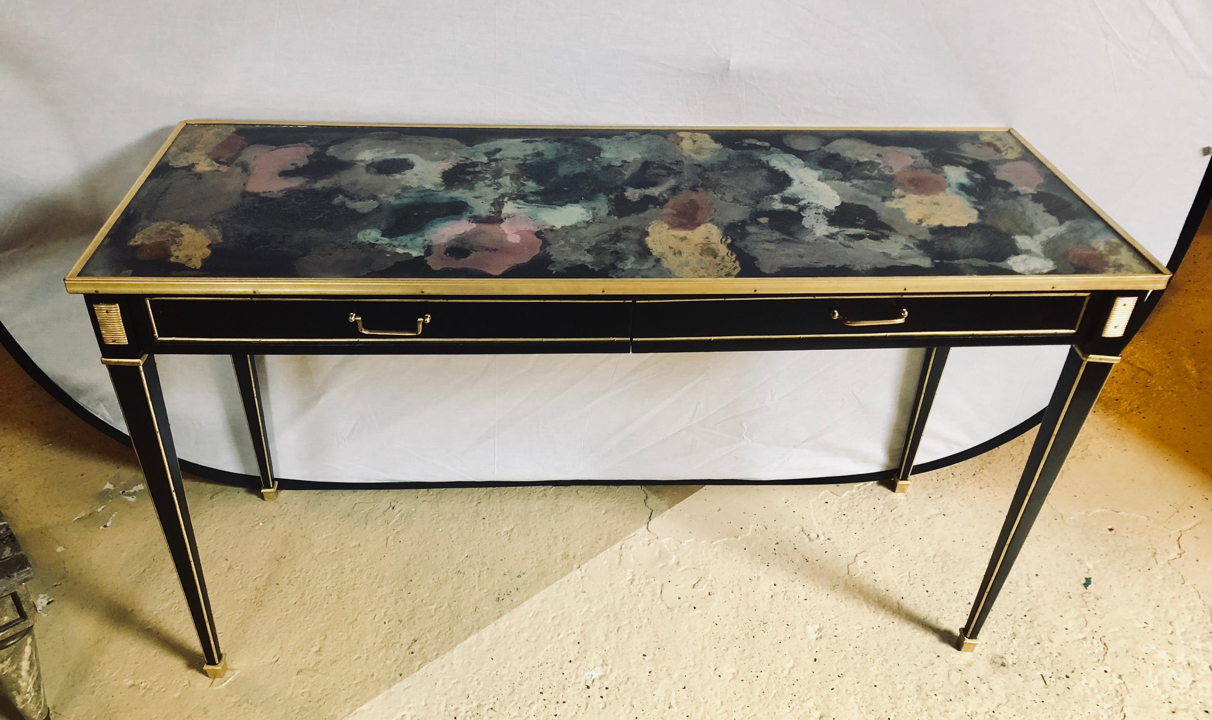 Pair of Hollywood Multi Rainbow Colored Glass Top Bronze Mounted Console Tables 8