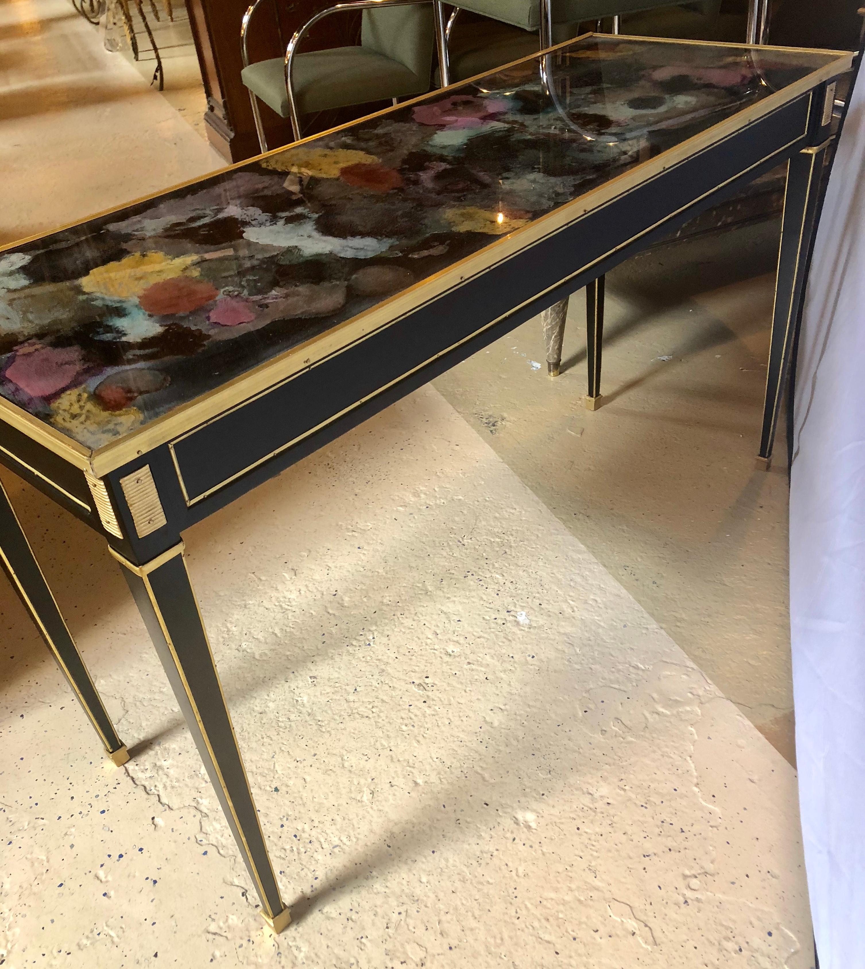 Pair of Hollywood Multi Rainbow Colored Glass Top Bronze Mounted Console Tables 9