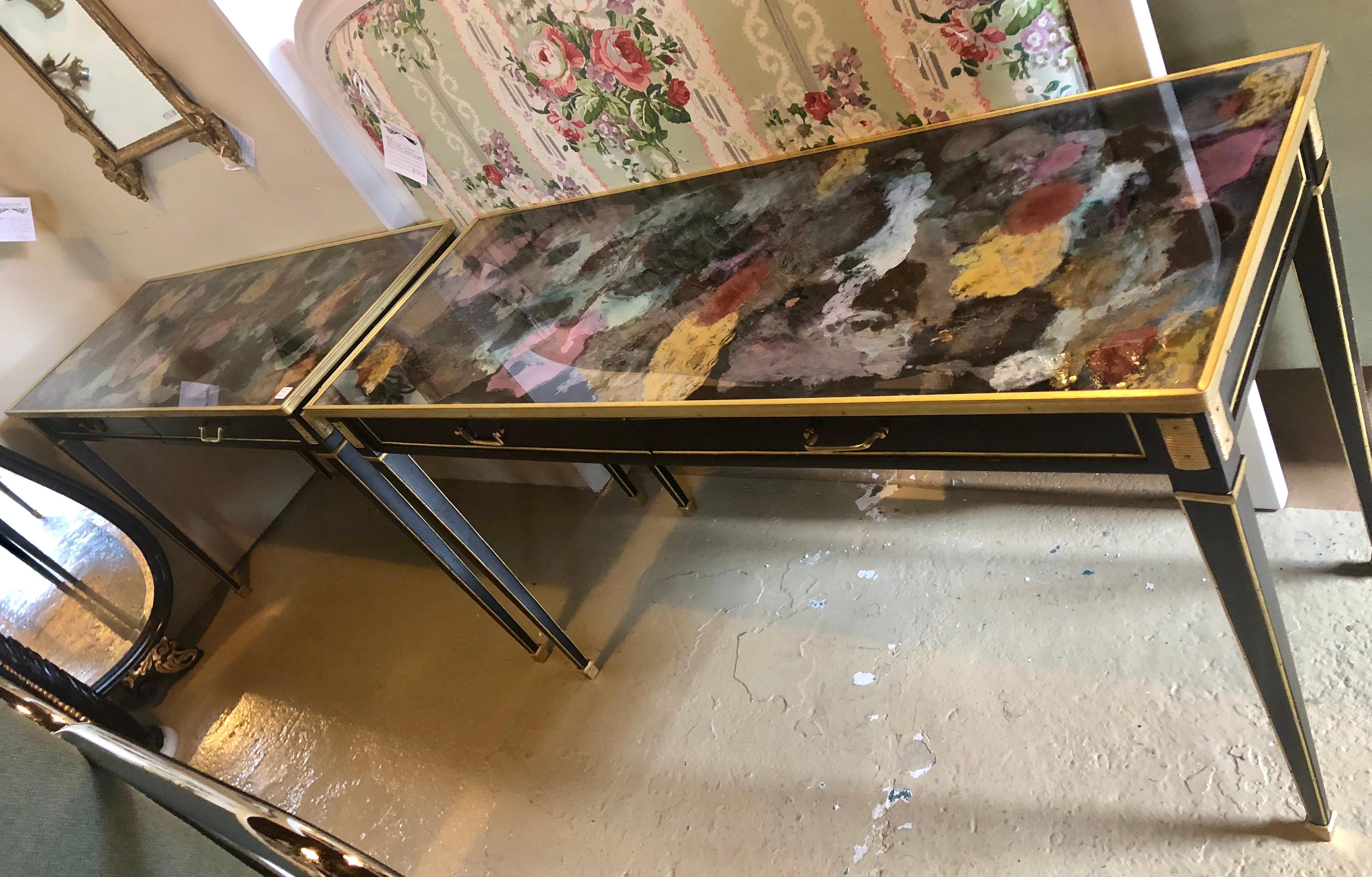 Pair of Hollywood Multi Rainbow Colored Glass Top Bronze Mounted Console Tables 10