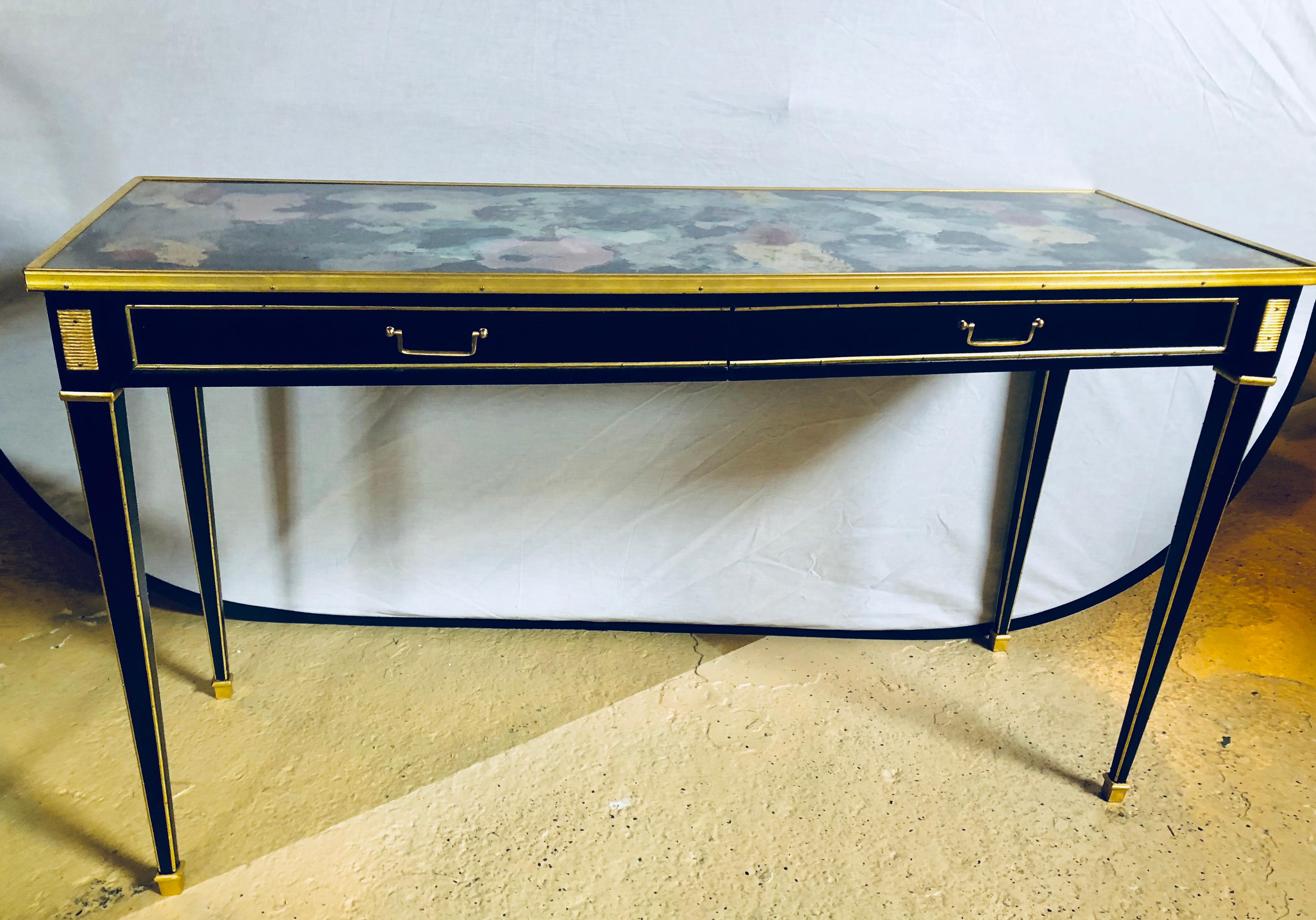 Hollywood Regency Pair of Hollywood Multi Rainbow Colored Glass Top Bronze Mounted Console Tables
