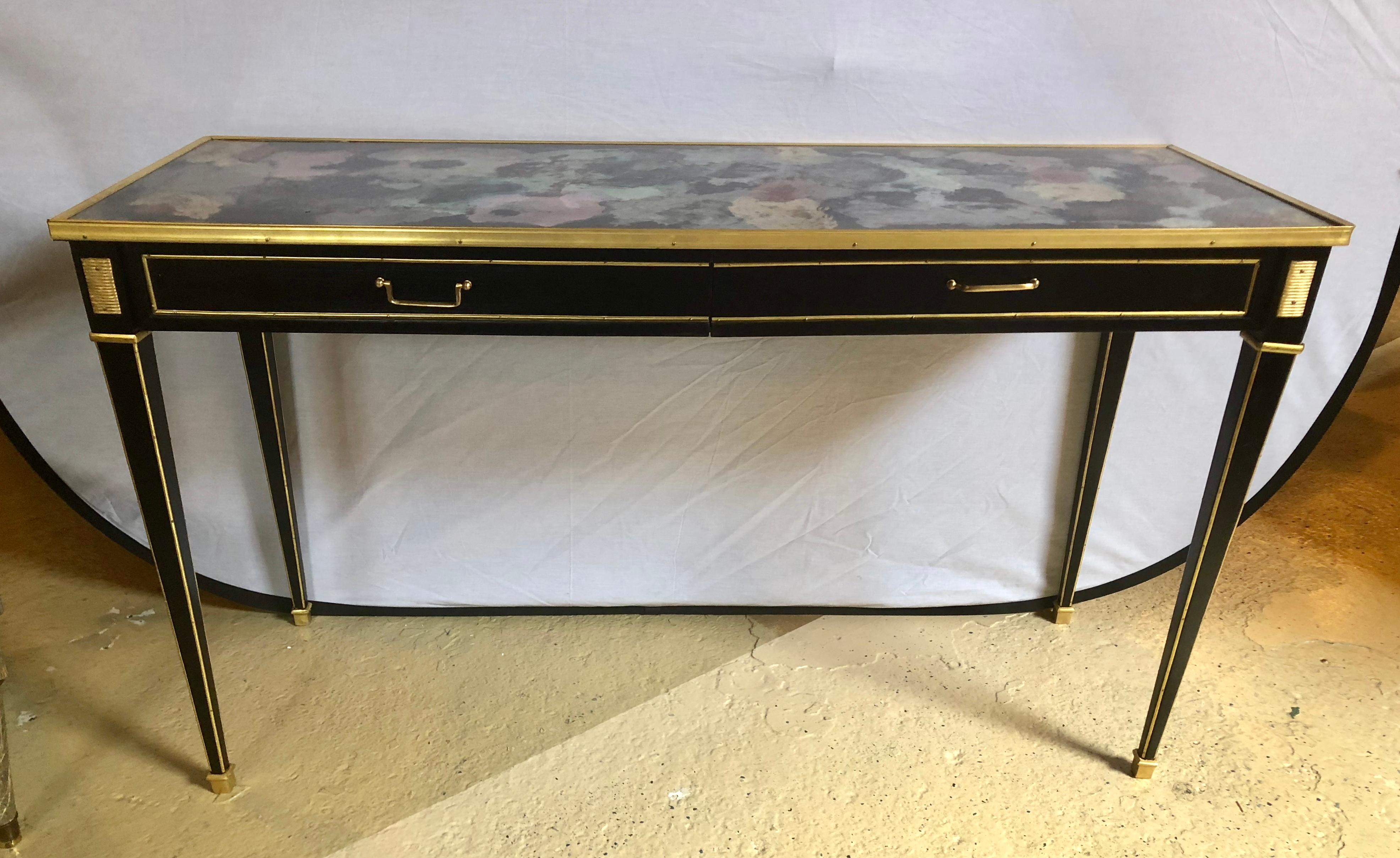 Pair of Hollywood Multi Rainbow Colored Glass Top Bronze Mounted Console Tables In Good Condition In Stamford, CT