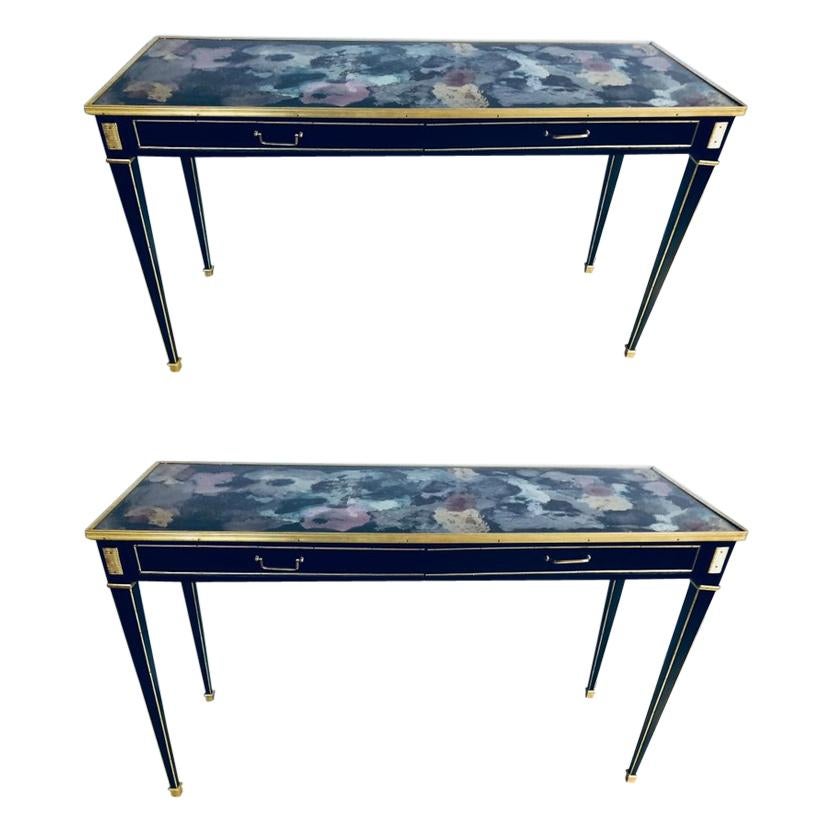Pair of Hollywood Multi Rainbow Colored Glass Top Bronze Mounted Console Tables