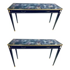 Pair of Hollywood Multi Rainbow Colored Glass Top Bronze Mounted Console Tables