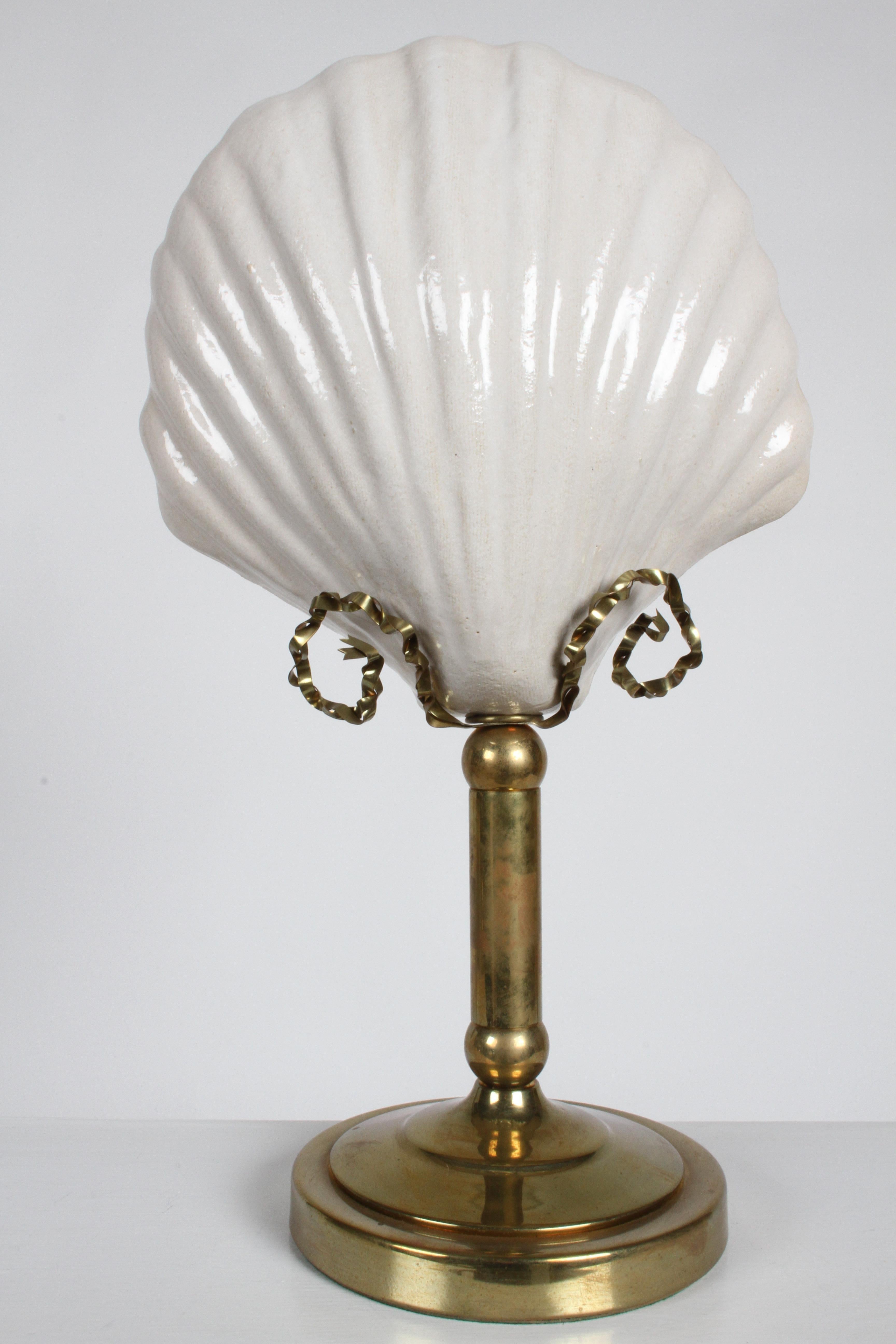 American Pair of Hollywood Regency 1970s Hart Associates Ceramic Shell & Brass Lamps For Sale