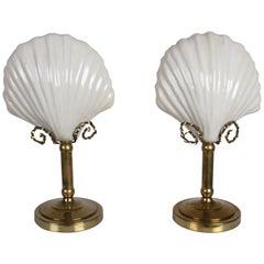 Used Pair of Hollywood Regency 1970s Hart Associates Ceramic Shell & Brass Lamps