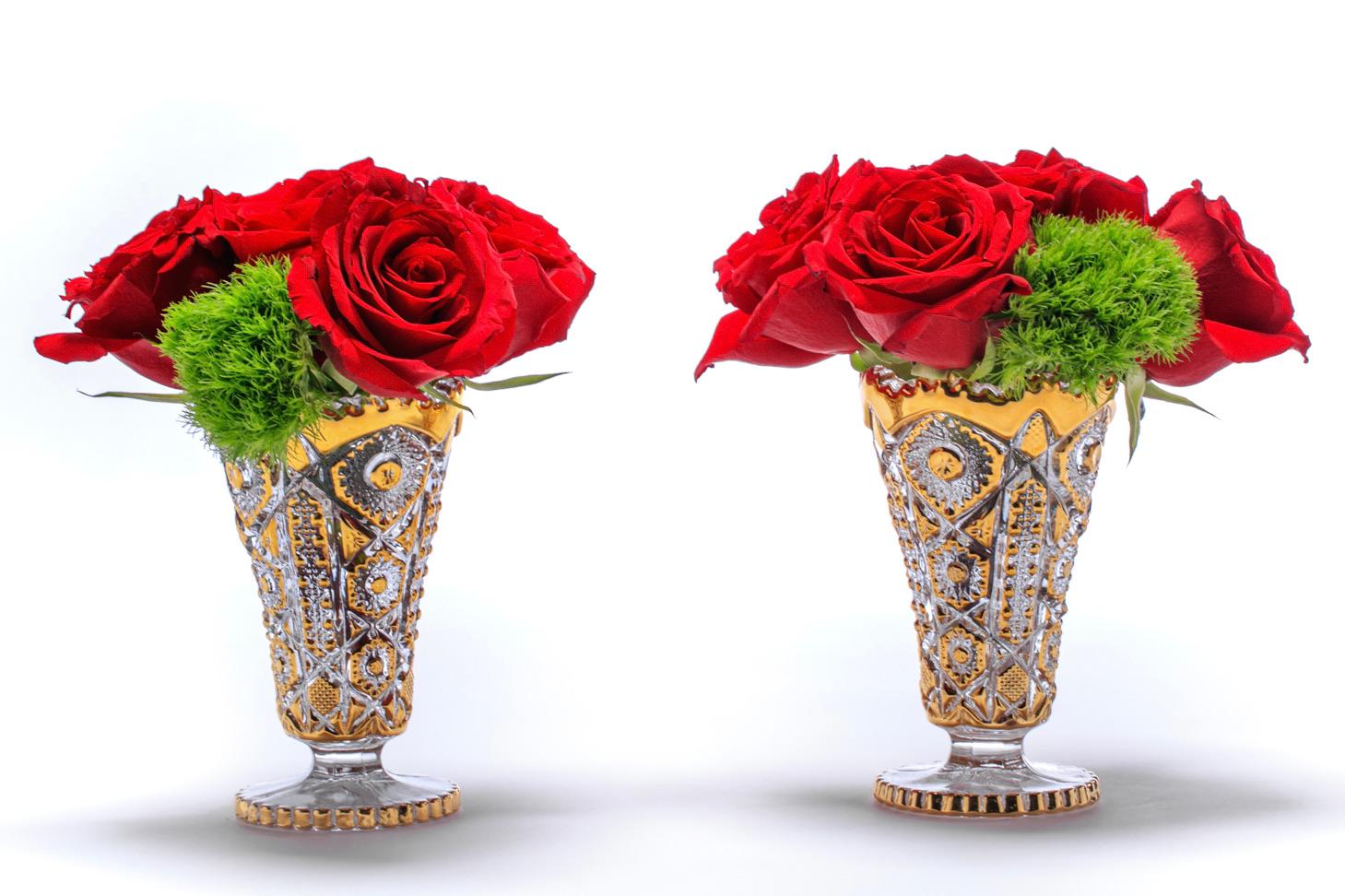 Beautifully preserved pair of Hollywood Regency vases hand painted with 22k Gold produced by the Imperial Glass Company circa 1965. Imperial Glass produced the most iconic mid century glassware and accessories in several patterns. The quality is