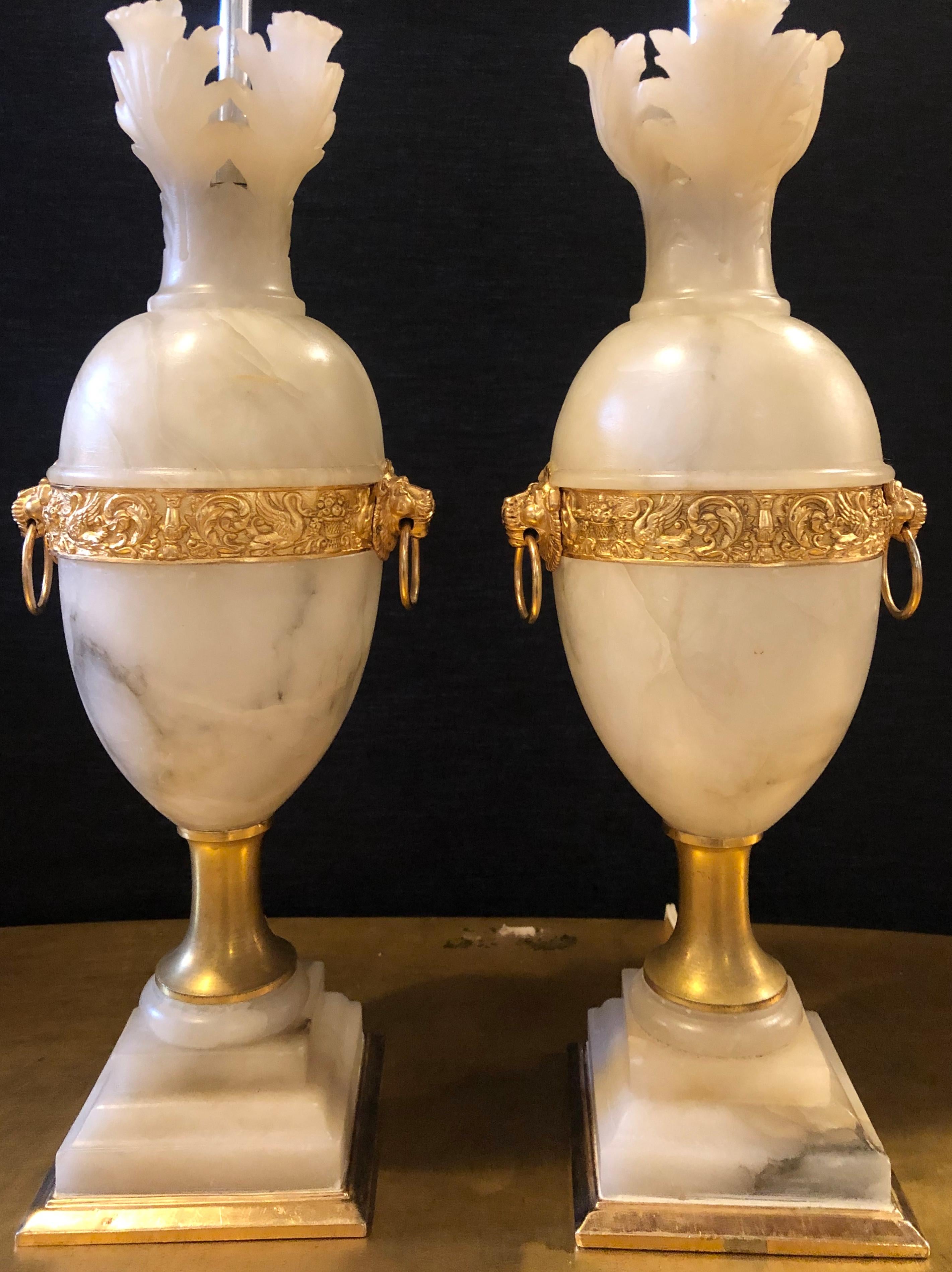 Pair of Hollywood Regency Alabaster Table Lamps Urn Form Lion Head In Good Condition In Stamford, CT