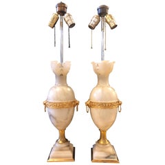 Pair of Hollywood Regency Alabaster Table Lamps Urn Form Lion Head