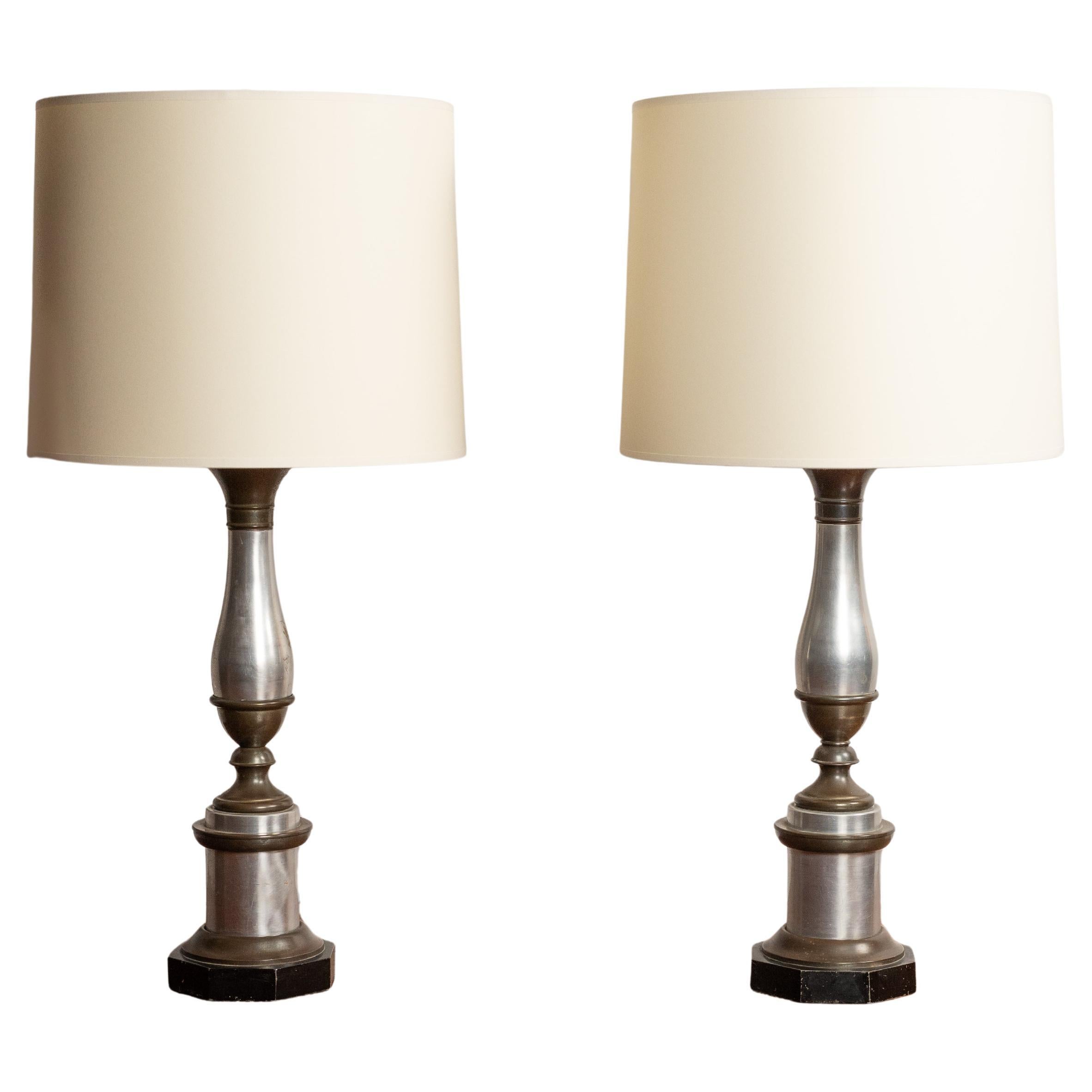 Pair of Hollywood Regency Aluminum & Brass Table Lamps
