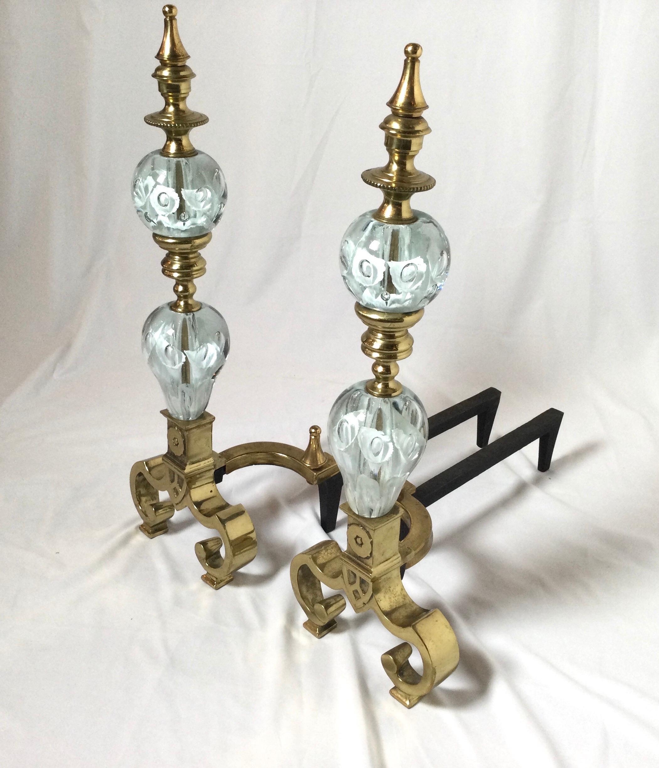 Hollywood Regency Saint Clair art glass andirons. Clear glass with white floral design and bubbles in the glass. 23